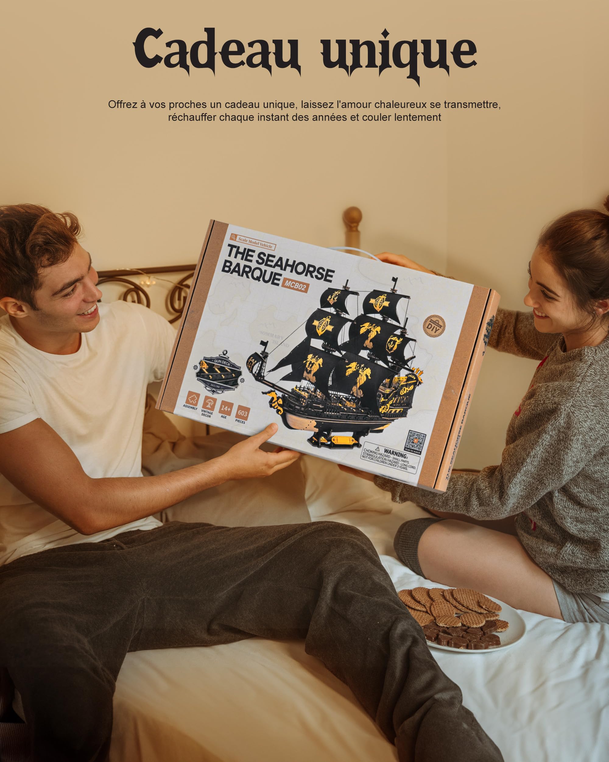 ROBOTIME Puzzle 3D Bois Voilier, Maquette Bateau en Bois a Construire, Mécanique DIY Construction de Bateaux, Puzzle Modèle pour Adulte Enfant, Echelle 1:100 Seahorse Barque MCB02