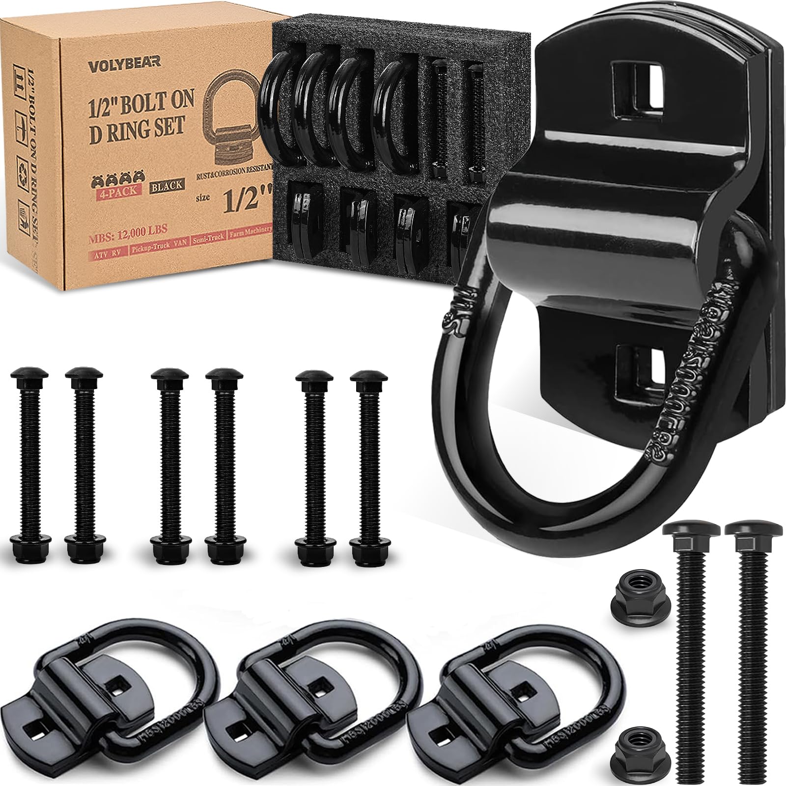 4-Pack 1/2-Inch Heavy Duty Bolt-On Forged D-Ring Shackles - 12,000Lbs Breaking Strength Truck Bed Anchors, Cargo Tie Down Hooks for Trailers, Trucks &