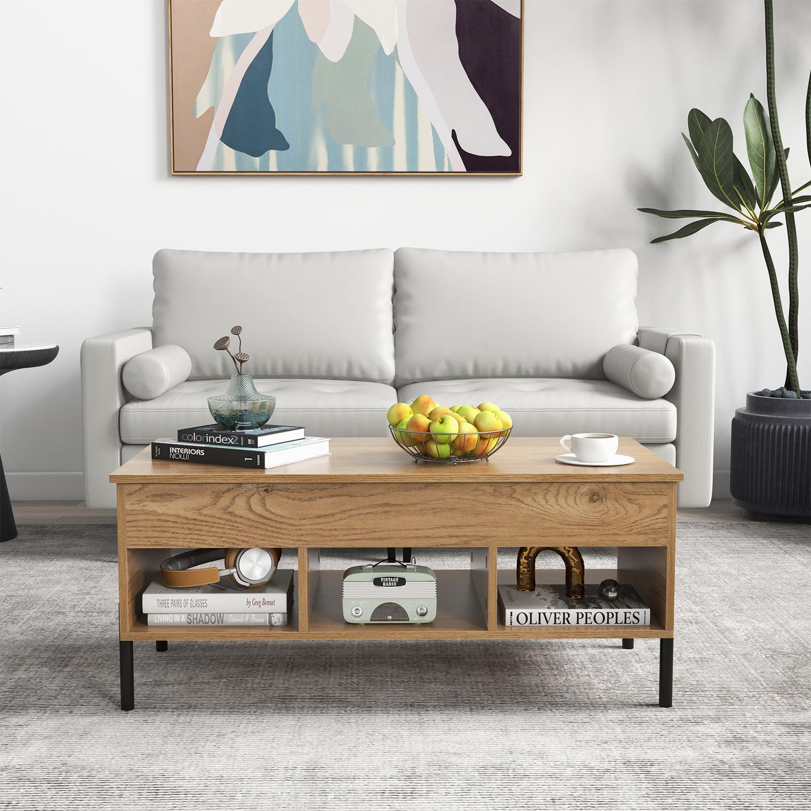 COSTWAY Couchtisch Höhenverstellbar, Beistelltisch mit anhebbarer Tischplatte & 3 offenen Fächern, Wohnzimmertisch aus Holz mit großem verstecktem Fach, Kaffeetisch für Wohnzimmer, Büro (Natur)