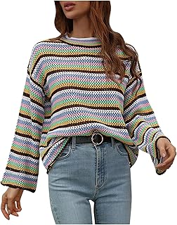 Women's Sweaters Autumn and Winter Splicing Knit Sweater Round Neck Long Sleeve Striped Sweater Fall
