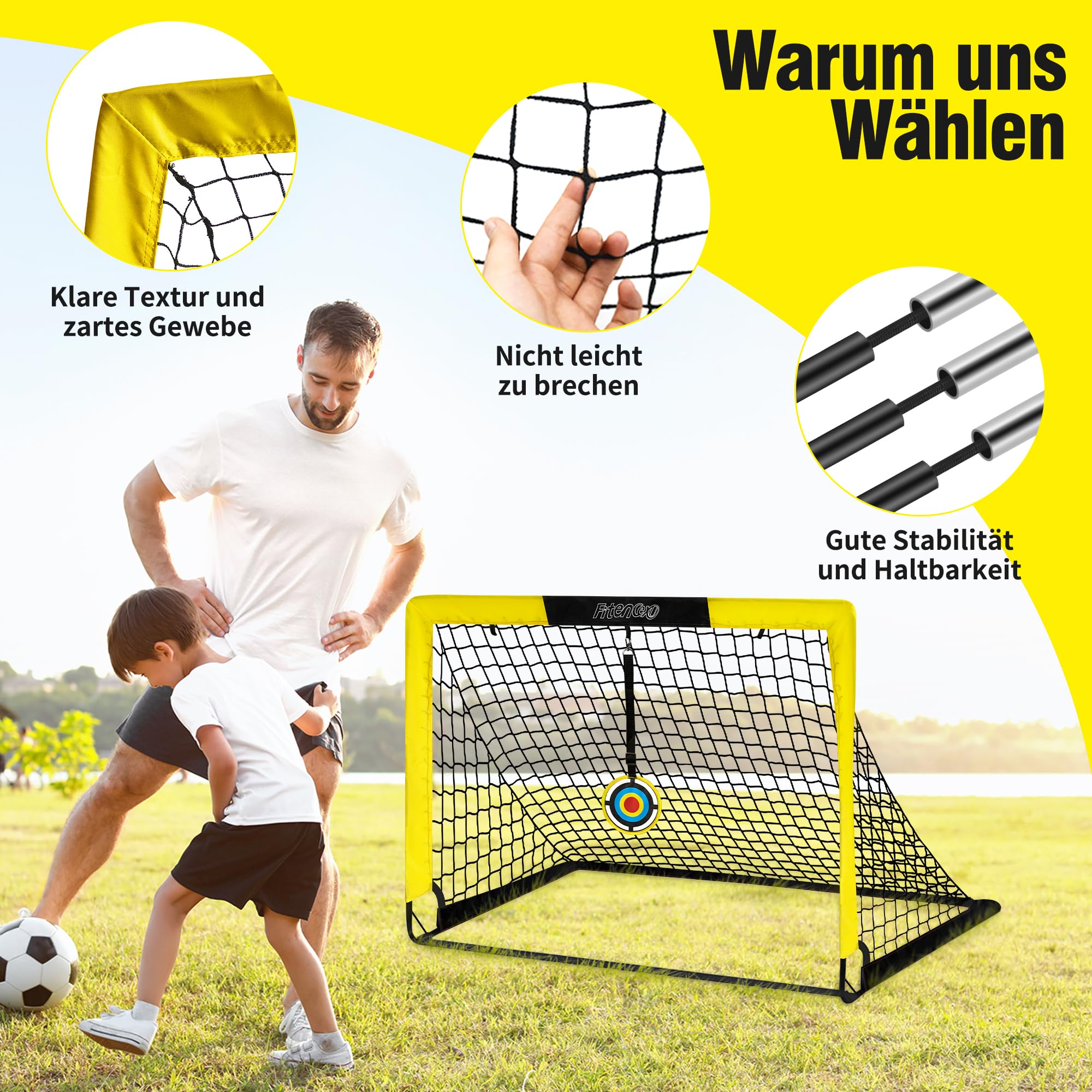 Fußballtor Kinder 2er Set - Pop up Fussballtore für Garten, Outdoor & Reisen - Faltbares Tor mit Tragetasche, 2 Bullseye & 8 U-förmigen Bodennägeln - Fußball Trainingszubehör