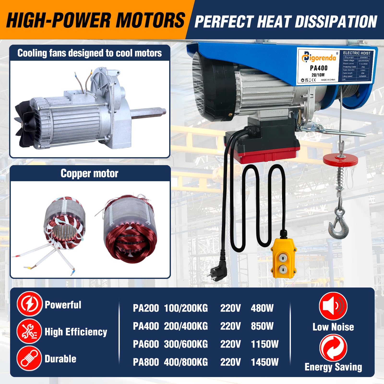 230V Elektrische Seilwinde 800kg, 2-in-1 mit kabelloser und kabelgebundener Fernbedienung, Einzel/Doppelschlingen, Hubhöhe 20m