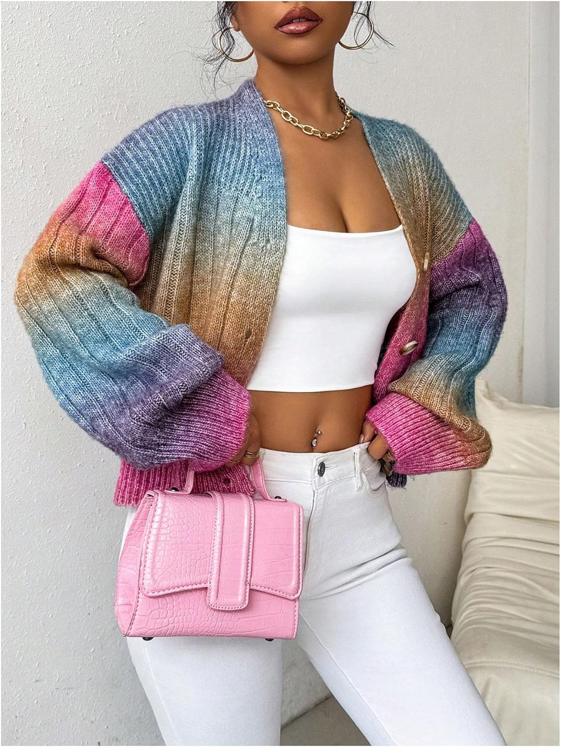GORGLITTER Women's Rainbow Colorful Cropped Cardigan Sweaters Open Front Long Sleeve Chunky Knit Cardigan - Image 5