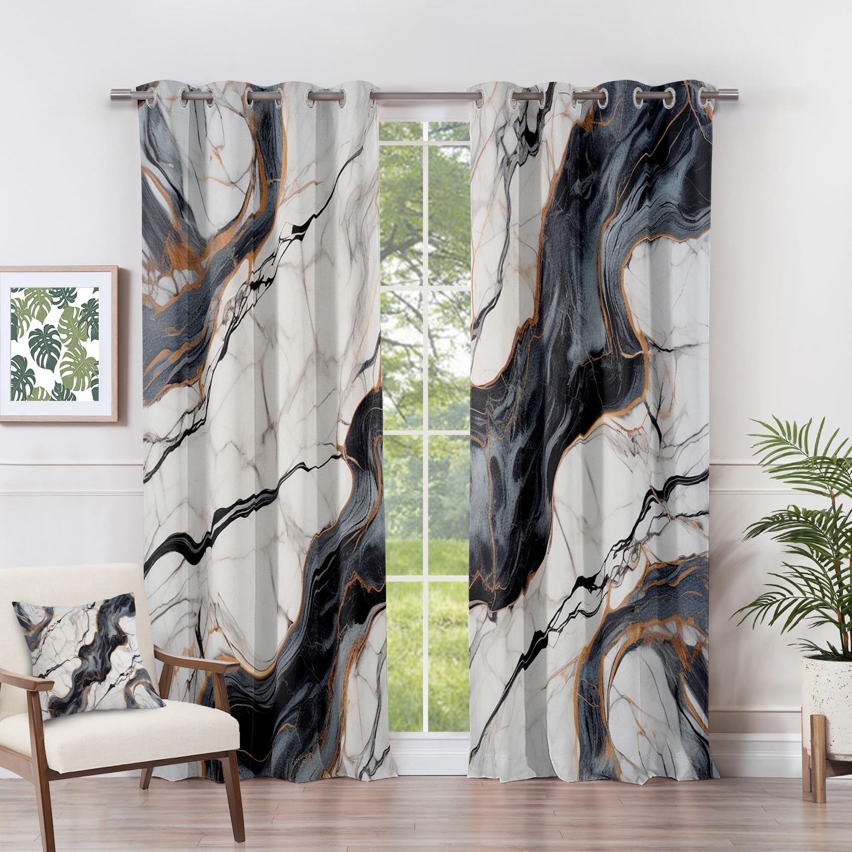 Marble Curtains 108 Drop - Marble Curtains - Black and White Gold Abstract Blackout Curtains 52 x 84 Inch (Width x Drop) 2 Panels, Modern Luxury Eyelet Curtains & Drapes