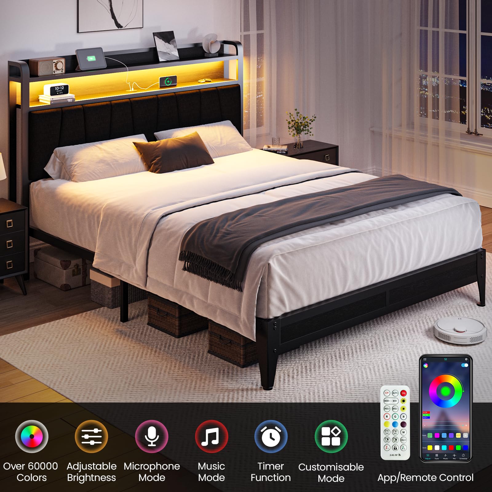 PROZENBDING Lit 160x200 avec sommier, Cadre de lit avec LED et Prise USB, Rangement 2 Niveaux dans la tête de lit, lit Double avec Lattes – sans Matelas, Noir