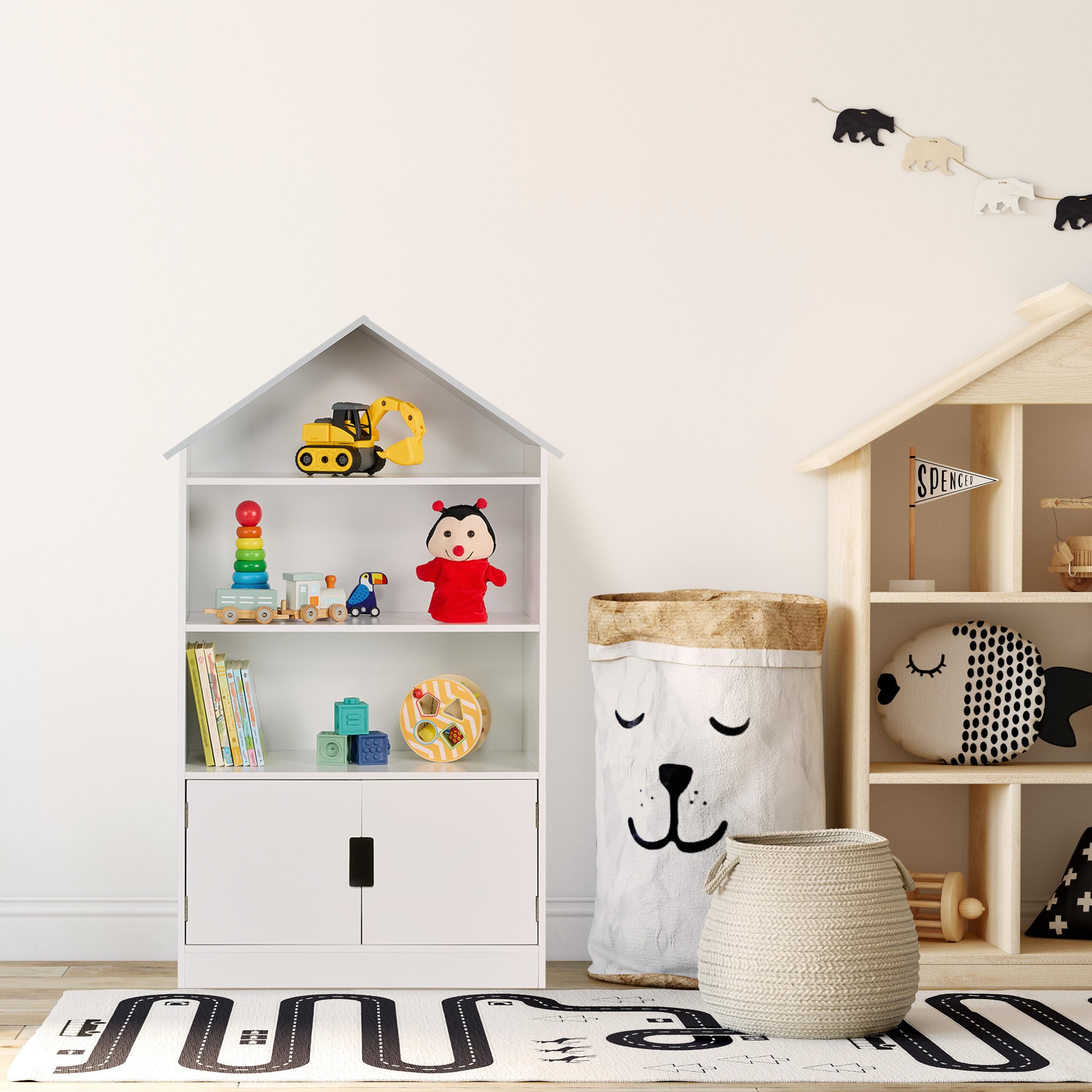 Relaxdays Kinderregal, Hausförmiges Bücherregal, 3 offene Fächer, 1 geschlossenes Fach, HBT: 115 x 68 x 28 cm, weiß/grau