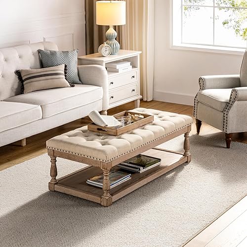 HULALA HOME Mesa auxiliar otomana rectangular con bandeja, otomana copetuda para sala de estar con estante de almacenamiento de madera maciza, lino