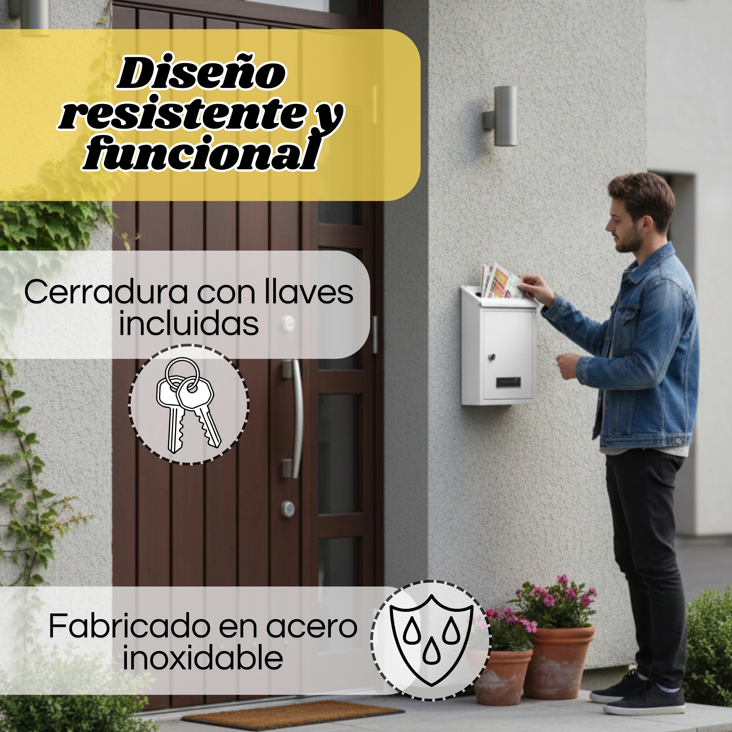 WEIDA Buzón Exterior de Acero INOX | Buzones de Correos Exterior Resistentes a Corrosión, Compactos 21,7x30x7 cm | Buzón de Pared con Tapa Protectora y Cerradura Lateral con Llave (Blanco Metalizado)