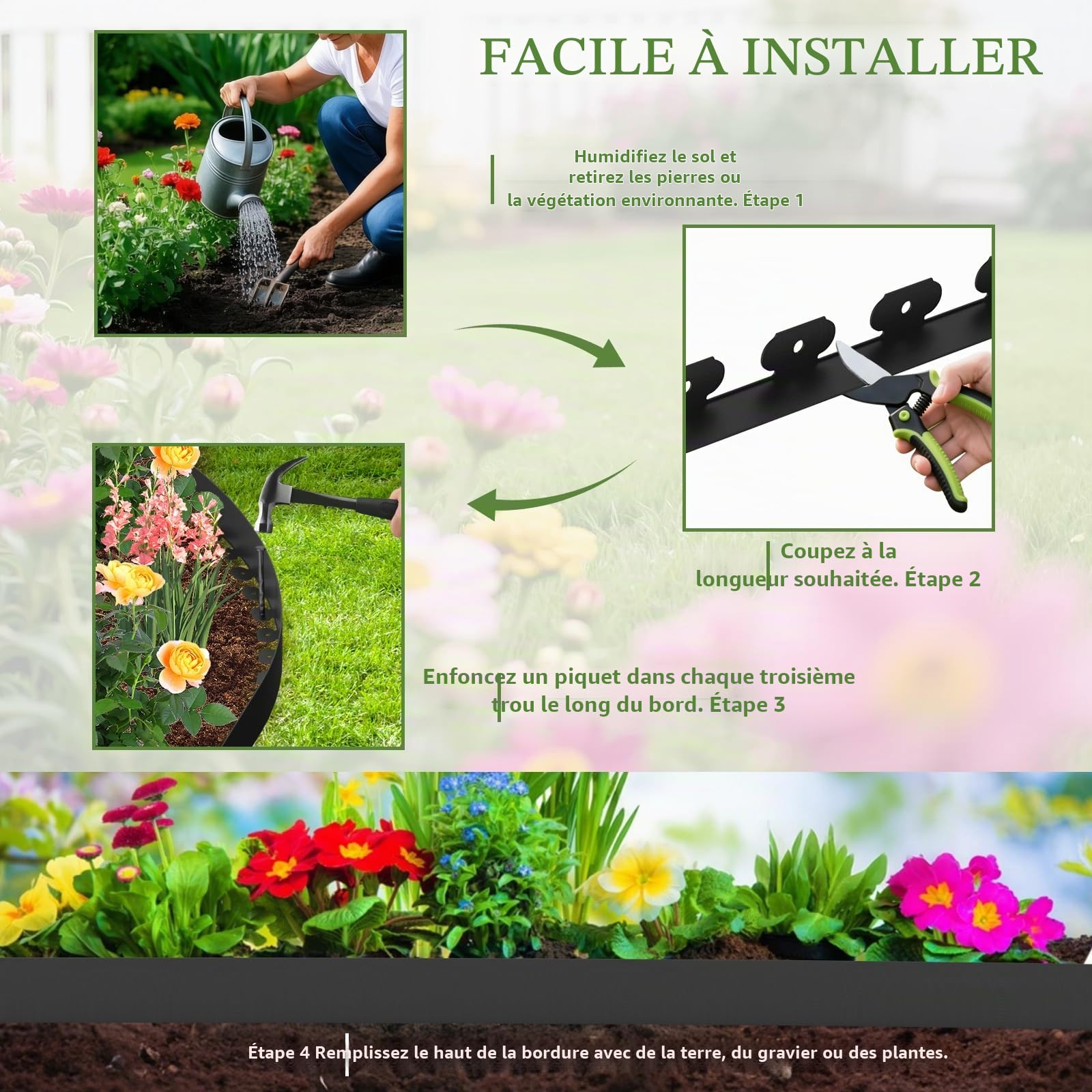 Bordure de Jardin Extérieur, Bordure de Jardin Flexible 10 Mètres avec 50 Piquets, Hauteur 5 cm, Plastique, Idéale pour Délimiter Les Pelouses, Massifs de Fleurs, Bordures et Allées – Noir