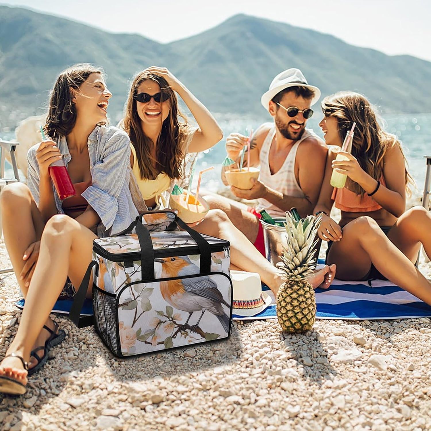 Insulated Picnic Backpack Tote Bag, Large Capacity 30L Floral Print Watercolor Robin Bird Cooler Bag Leakproof Beach Bags Portable Lunch Box Waterproof Picnic Basket for Beach Camping BBQ