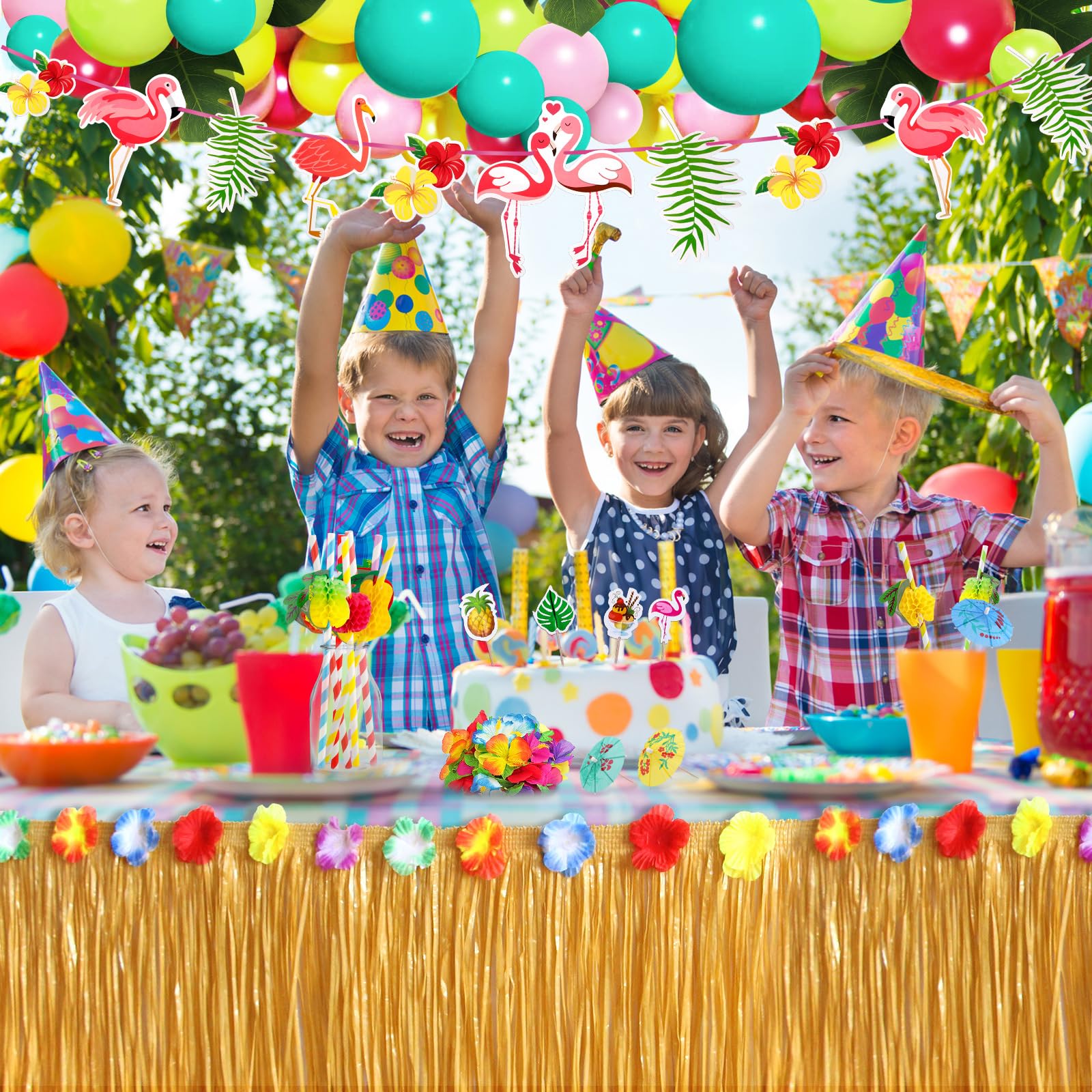 ZLPBAO 162 Pièces Hawaïenne Luau Table Jupe Set de Décoration, Decoration Anniversaire Tropical, Feuilles de Palmier, Fleurs Hawaïennes été Anniversaire Barbecue Fournitures de Fête de Jardin - 4