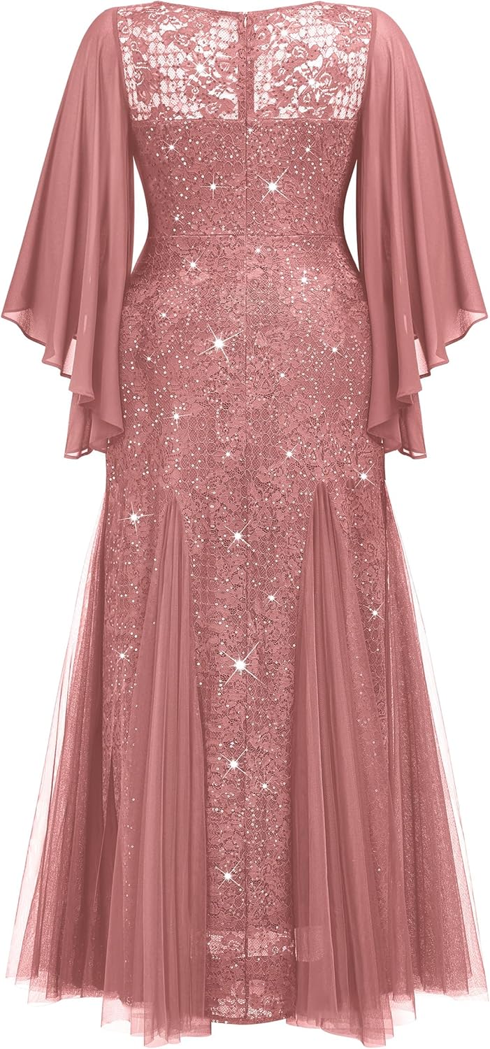 MISSMAY Women's Plus Size Sequins Lace with Ruffle Cape Cloak Sleeves Tulle Mermaid Hemline Evening Prom Long Dress