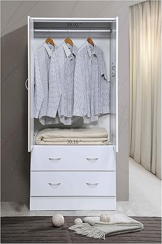 Miniatura 8 de HODEDAH Armario de madera de 2 puertas con barra de ropa dentro del gabinete, 2 cajones para almacenamiento y espejo, color blanco