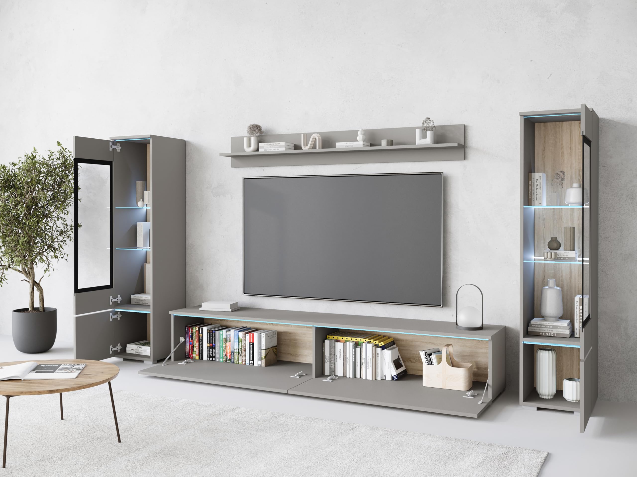 MINIO go for it - Wohnwand 4-Teilig Set Veve 2, Hängend/Stehend - mit LED | Vitrine, Lowboard, Wandboard, Farbe: Grau matt