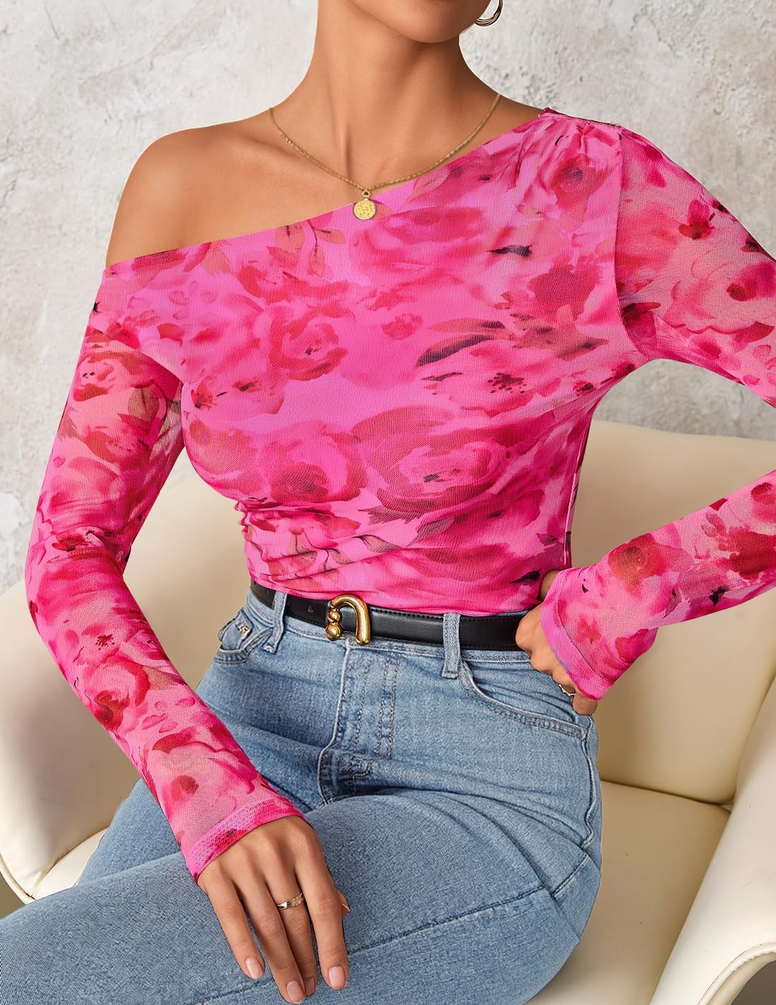 ZESICA Women's Floral Off Shoulder Long Sleeve Tops 2026 Spring Mesh Ruched Fitted Trendy Going Out Shirts Blouses - Image 4