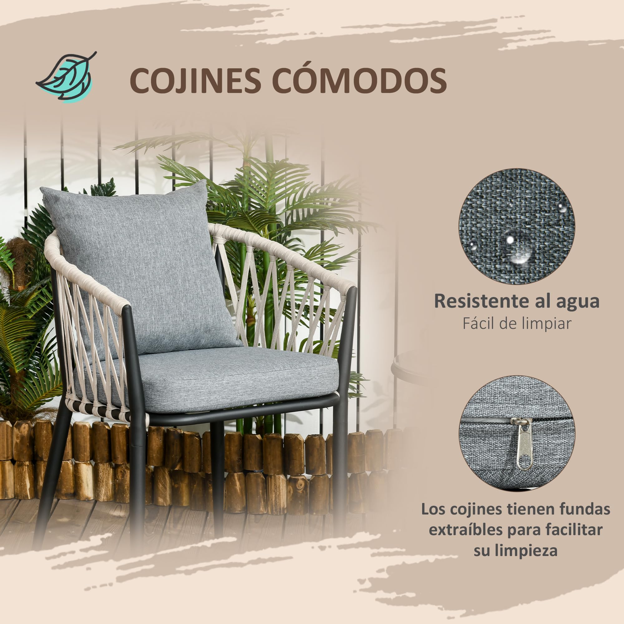 Outsunny Conjunto de Muebles de Jardín 3 Piezas Juego de Muebles de Terraza Incluye Mesa con Encimera de Vidrio Templado y 2 Sillones con Cojines Reposabrazos de Cuerda Polipropileno Gris