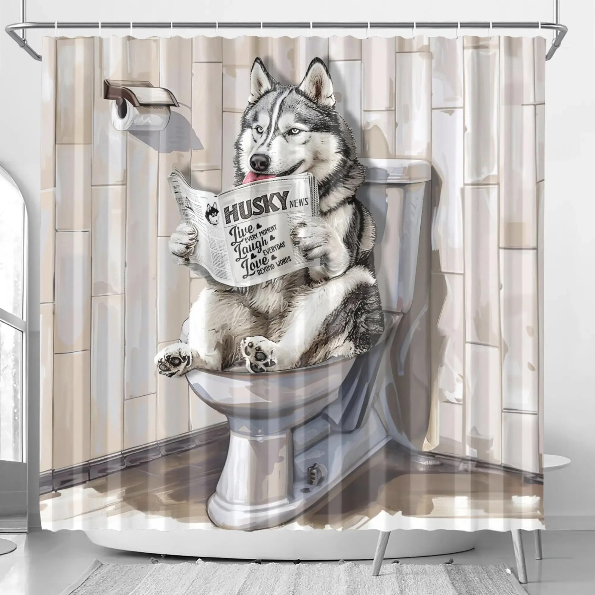 Huanxiangouyue Husky Funny Shower Curtain Humor Animal Sitting On Toilet Reading Newspaper Shower Curtains Black And White Shower Curtain For Bathroom With 12 Hooks 72Wx72l Inches