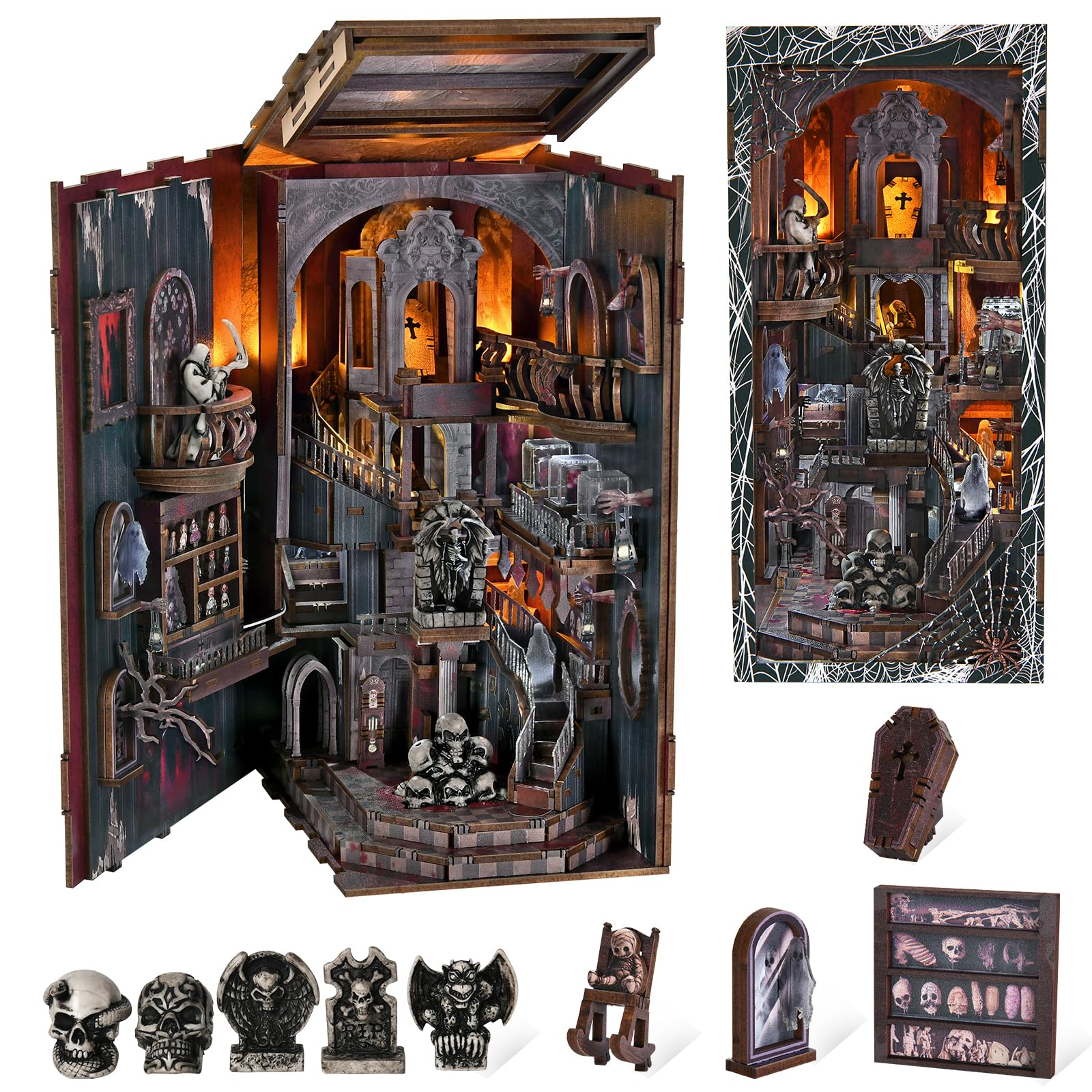 MiniCity Book Nook Kit, DIY Miniature Dollhouse Booknook Kit, 3D Wooden Puzzle Bookend Bookshelf Insert Decor with LED Light and Dust Cover for Teens and Adults (Haunting Relics)