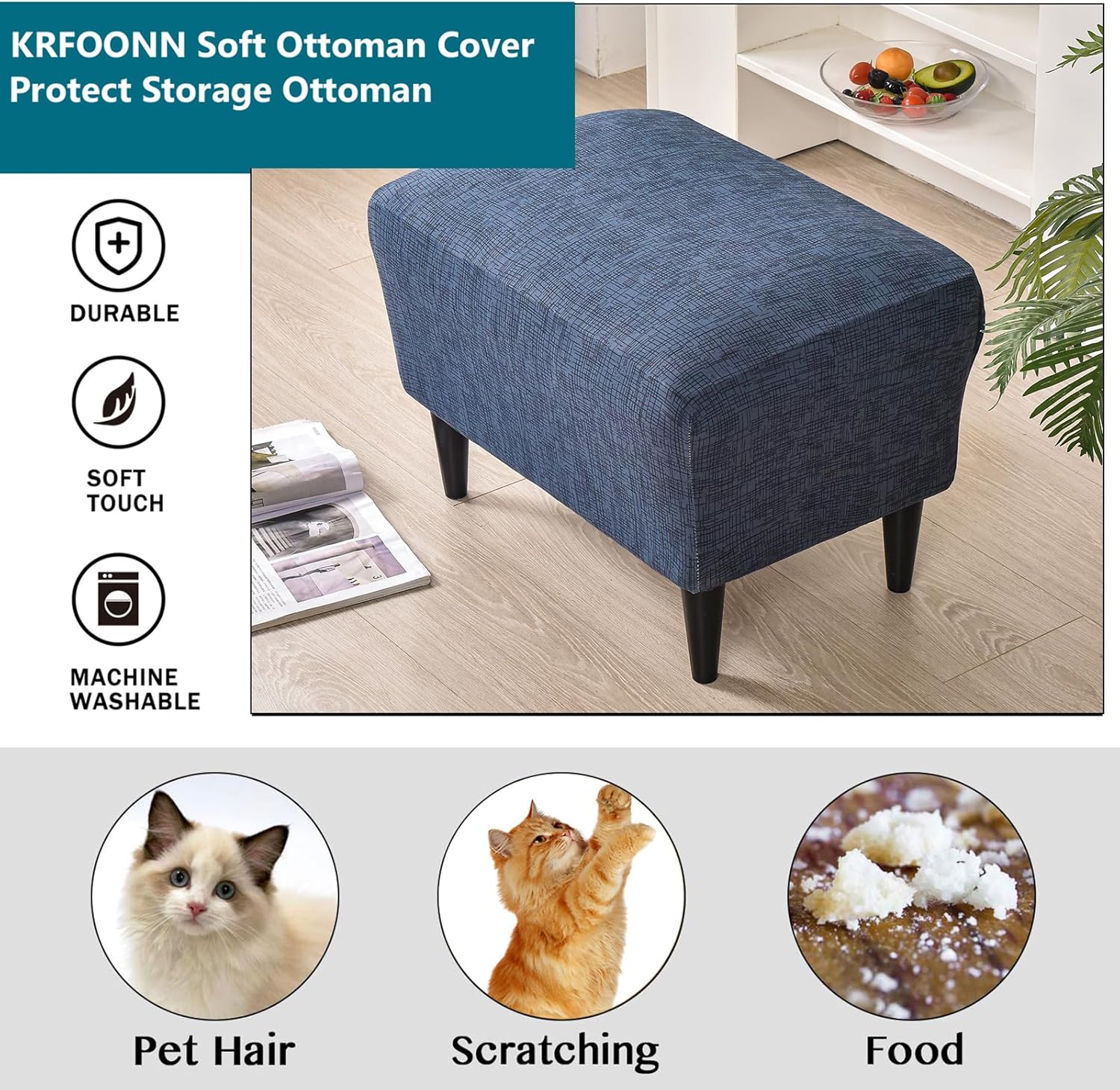 KRFOONN Ottoman Slipcovers Stretch Rectangle Footrest Stool Covers Printed Ottoman Cover for Foot Stool Furniture Protector with Non Slip Elastic Bottom(23, X-Large)