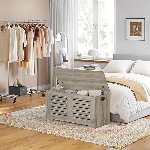 Miniatura 6 de DINZI LVJ Cofre de almacenamiento, caja de juguetes de madera con tapa abatible y 2 bisagras de seguridad, banco de almacenamiento de zapatos para