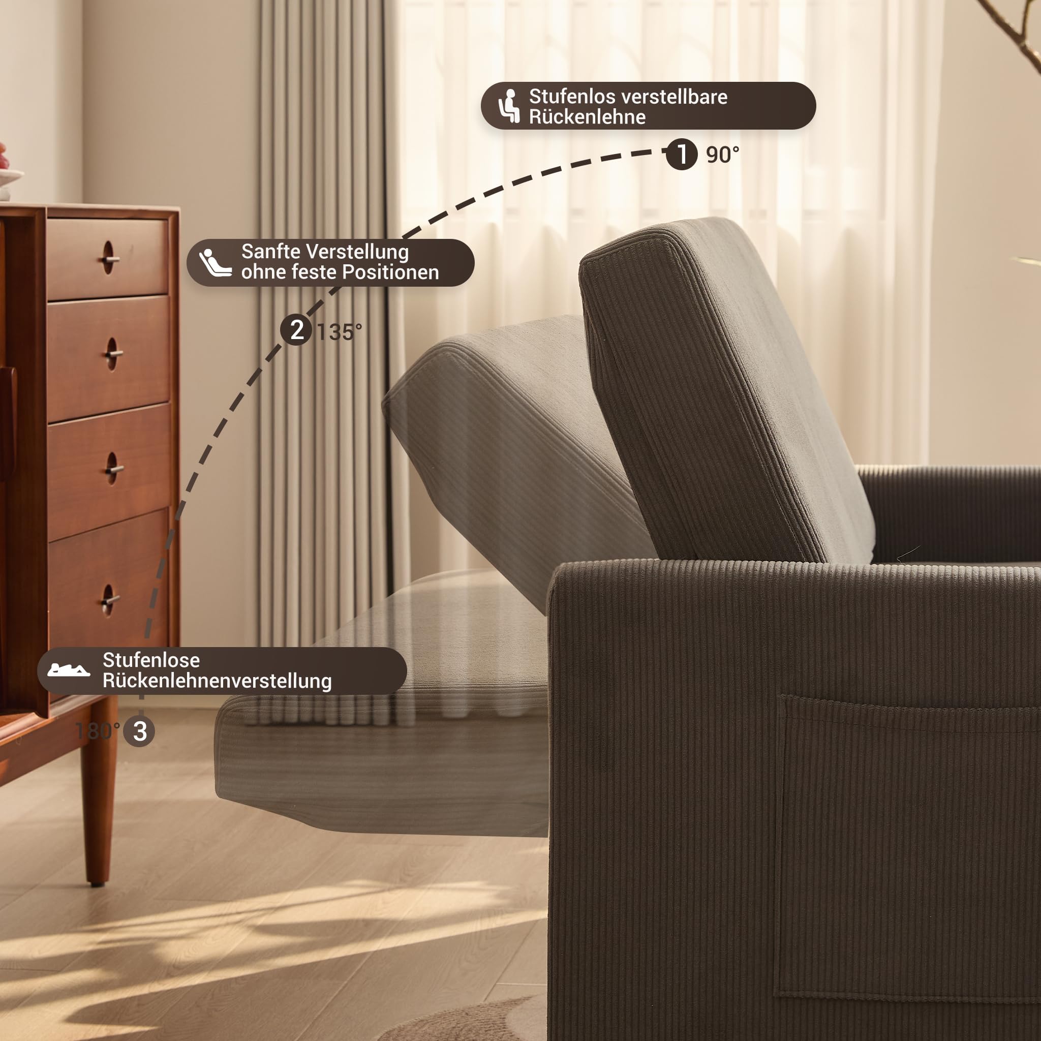 Schlafsofa 2-Sitzer, 3-in-1 ausziehbares Sofa Bett, Cordstoff Schlafcouch mit Verstellbarer Rückenlehne und Seitentaschen, für Wohnzimmer und Gästezimmer,Grau