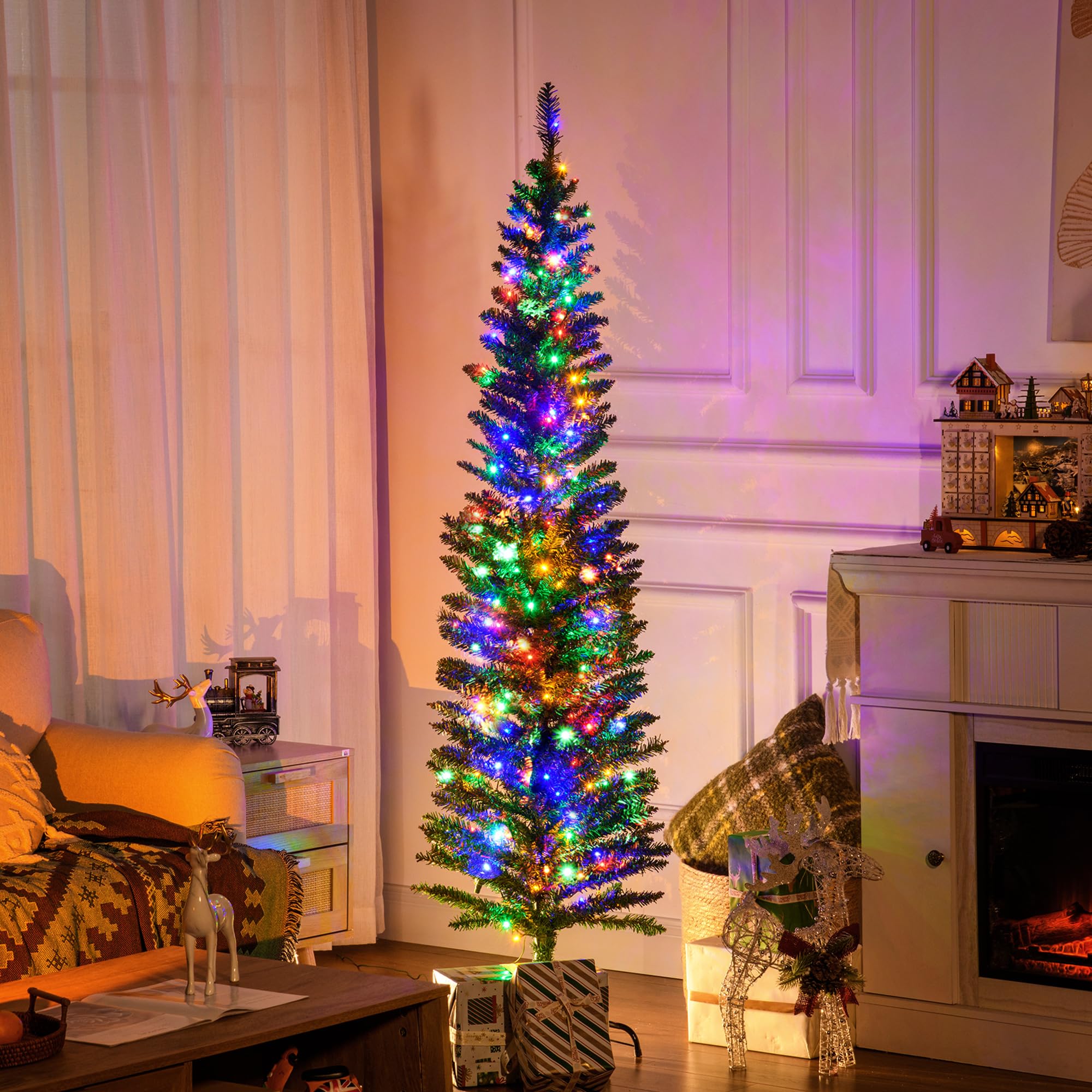 HOMCOM Sapin de Noël Artificiel Lumineux 180 cm en Forme de Crayon Vert | Arbre de Noël, 150 Lumières Multicolores, 390 Branches, Base en Acier