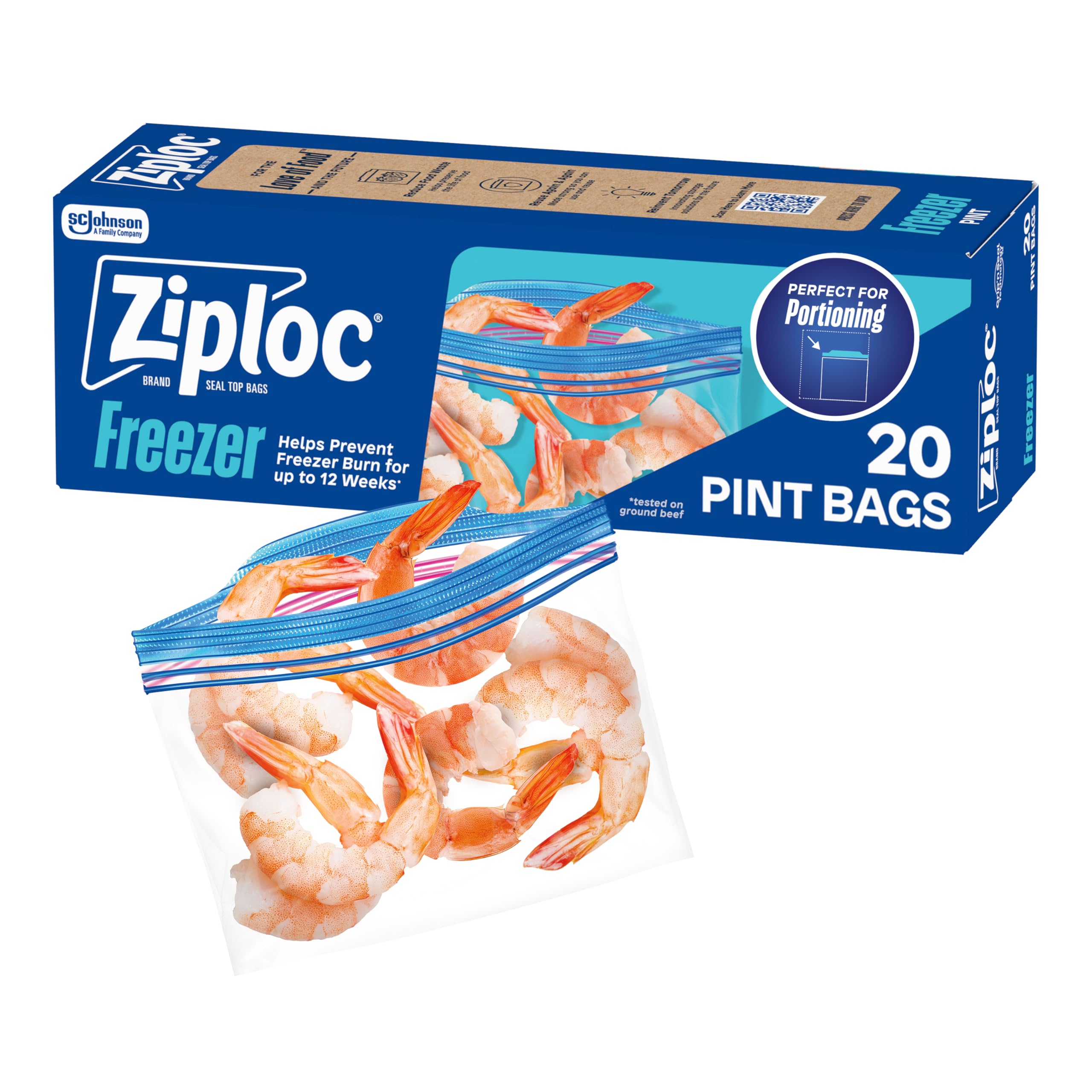 Ziploc Pint Food Storage Freezer Bags, Grip 'n Seal Technology for Easier Grip, Open, and Close, 20 Count