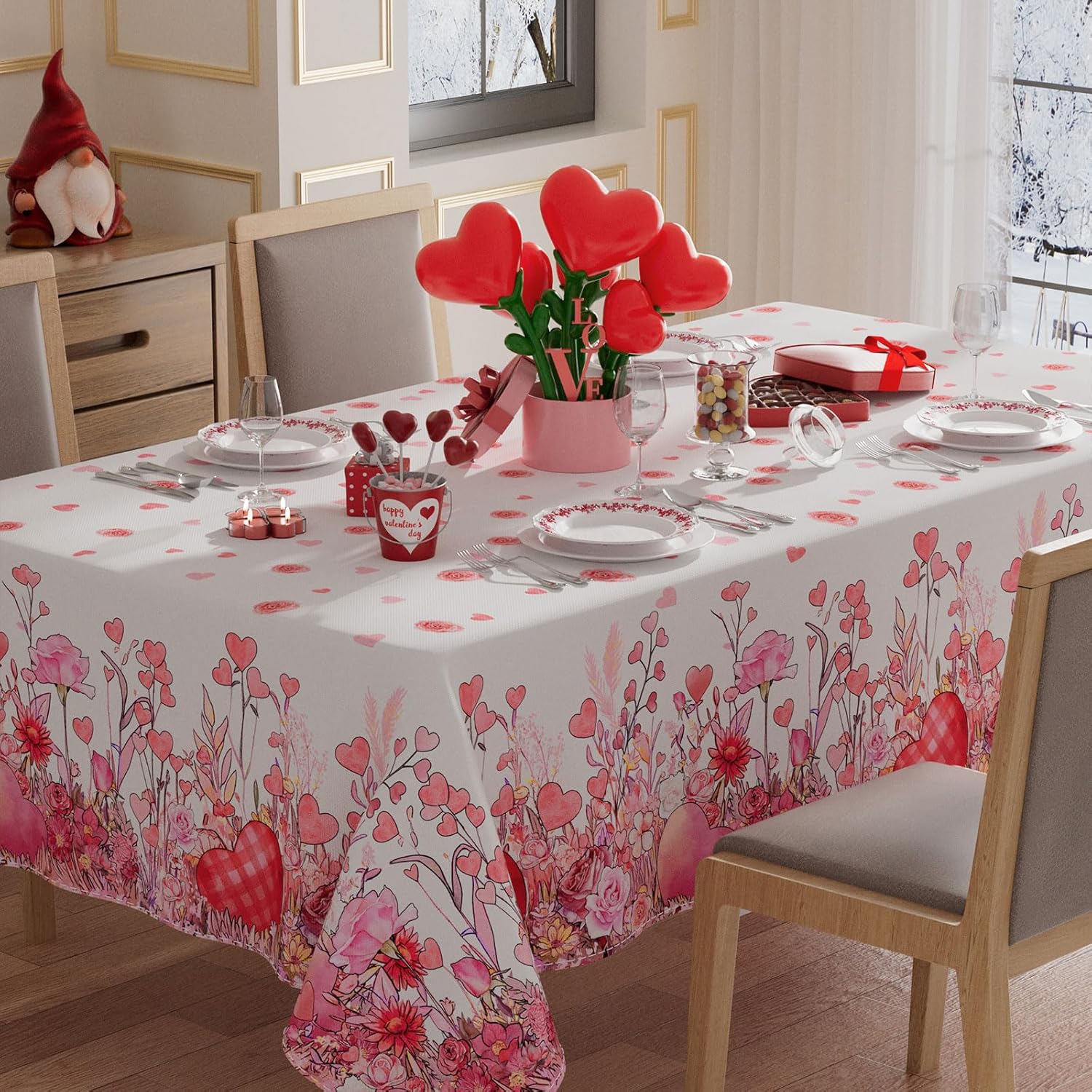 XCHI Wild Flowers Love Hearts Valentine’s Day Tablecloth Rectangle Table Cloth Washable Table Covers for Indoor Dining Home Party Decorations 60x120 Inch