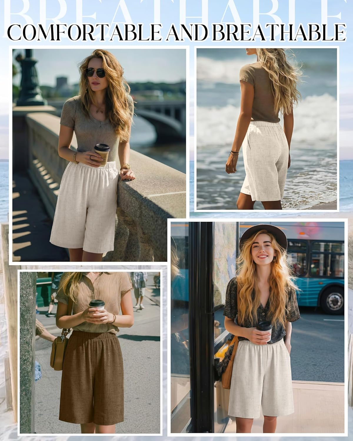 Riyiper 3 Pack Women's Linen Shorts Elastic High Waist Bermuda Wide Leg Summer Casual Lounge Short with Pockets - Image 4