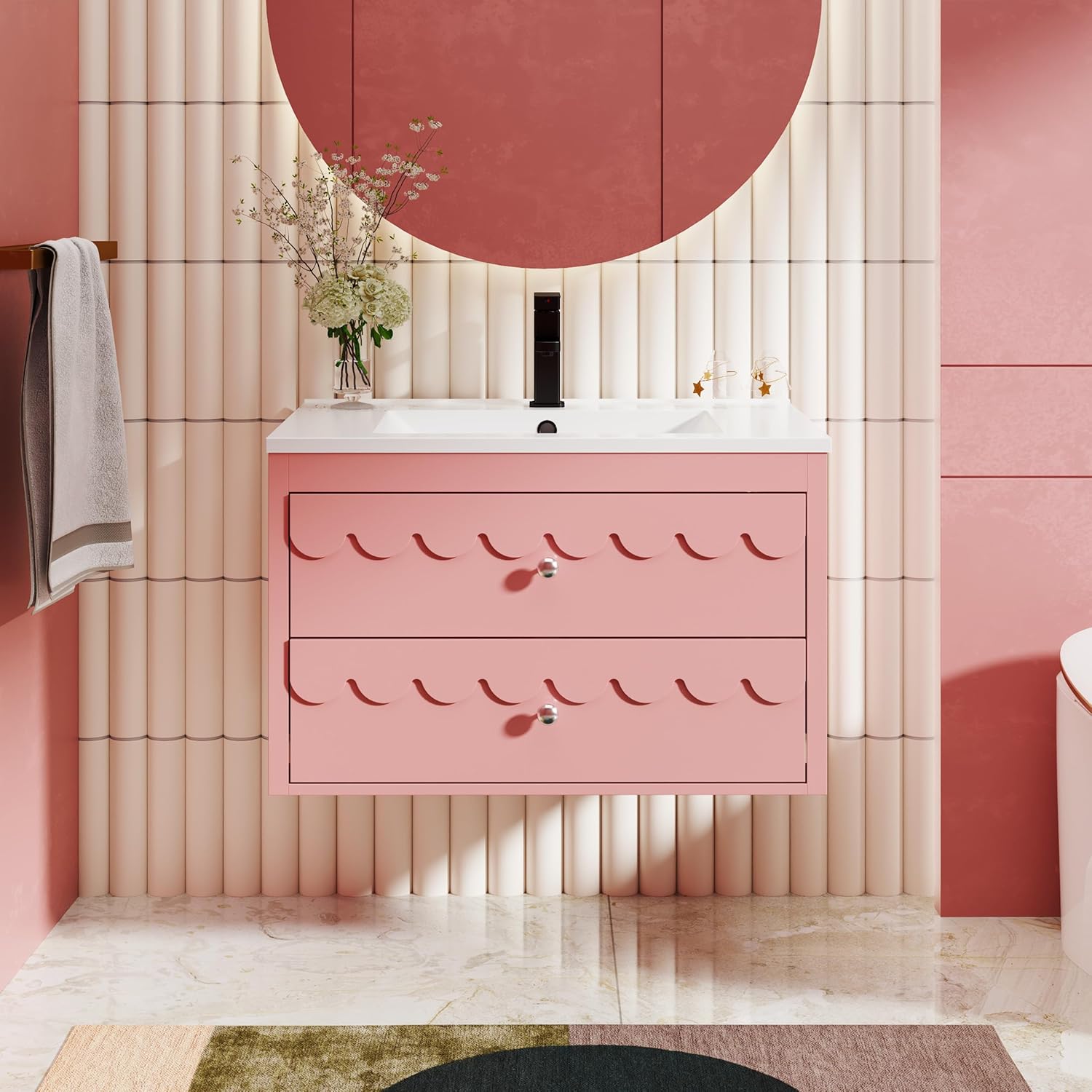 eclife 30" Floating Bathroom Vanity with Sink Combo, Modern Painted Wall-Mounted Vanities Storage Cabinet with Scalloped Decor, Undermount Basin, Faucet, Drain, Pink