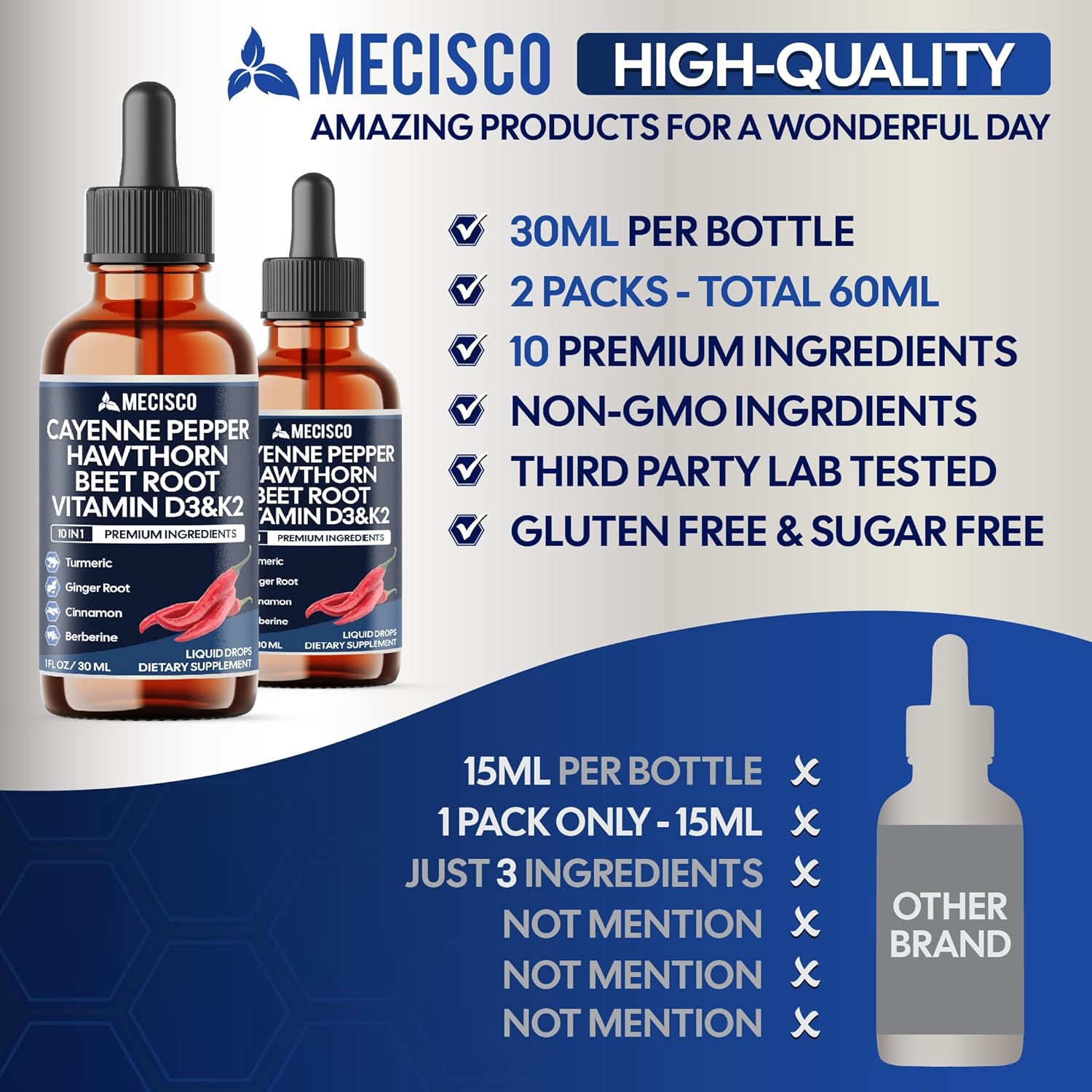 2 Packs of 30ml - Cayenne Pepper Liquid Drops with Vitamin D3, Vitamin K2, Hawthorn Berry, Beet Root, Ginger, Ceylon Cinnamon, Turmeric, Berberine - Digestion Support - 120 Day Supply - Image 5