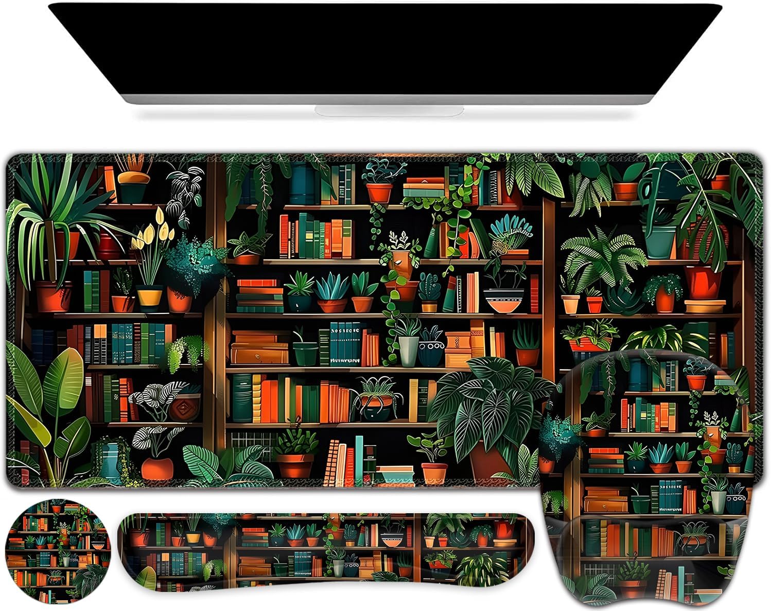 Mouse Pad with Wrist Support 4 in1 Set, XXL Big Game Mousepad + Keyboard Wrist Rest + Mouse Wrist Rest Pad +Coaster Gaming Mat for Home Office Work Computer Laptop PC I Green Vine Book Forest