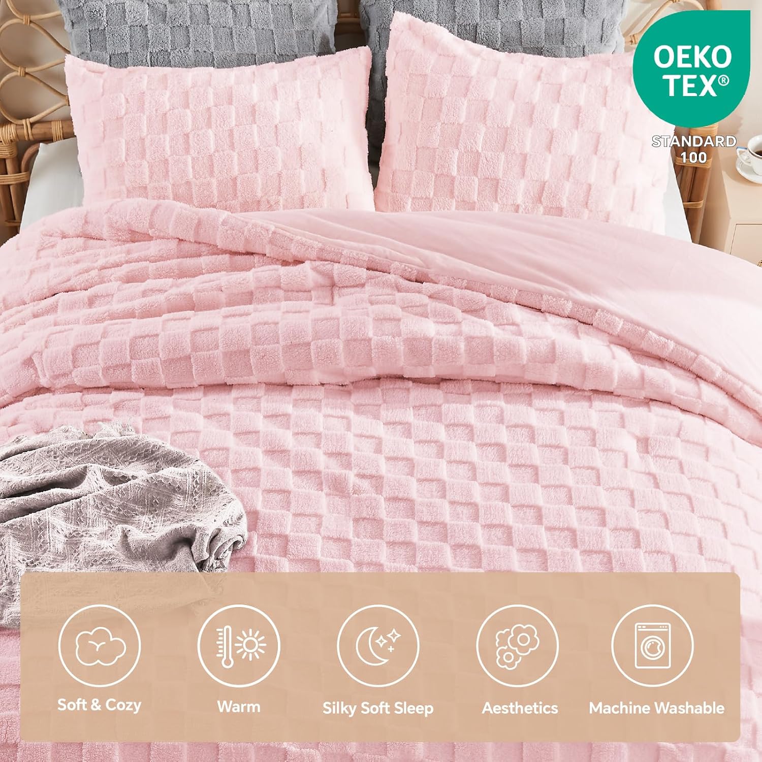 BEDELITE Fluffy Comforter Set King- Super Soft Warm Sherpa Comforter Pink, Jacquard Checkered Fleece Bedding, 3 Pieces Fuzzy Bed Set for Winter(1 Comforter, 2 Pillowcases) - Image 4