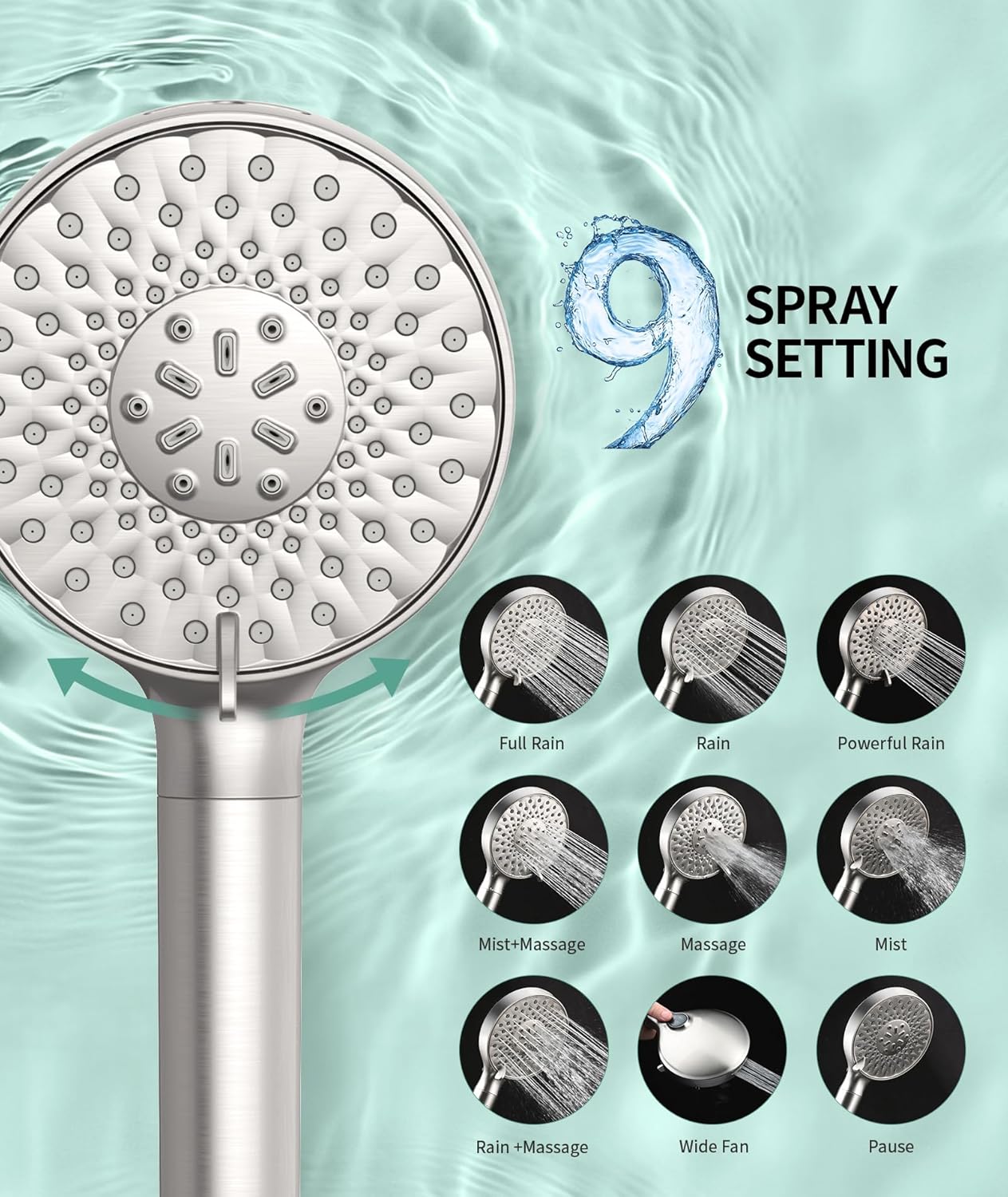 Diagram showing the 9 spray settings of the shower head: Full Rain, Rain, Powerful Rain, Mist+Massage, Massage, Mist, Rain & Massage, Wide Fan, and Pause.