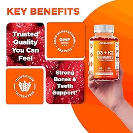 Vitamatic Vitamin D3 & K2 Gummies (2-Pack, 60 Count) Supports Healthy Bones, Heart Health, Calcium Absorption, and Immune Function Plant-Based, Non-GMO, Gluten-Free
