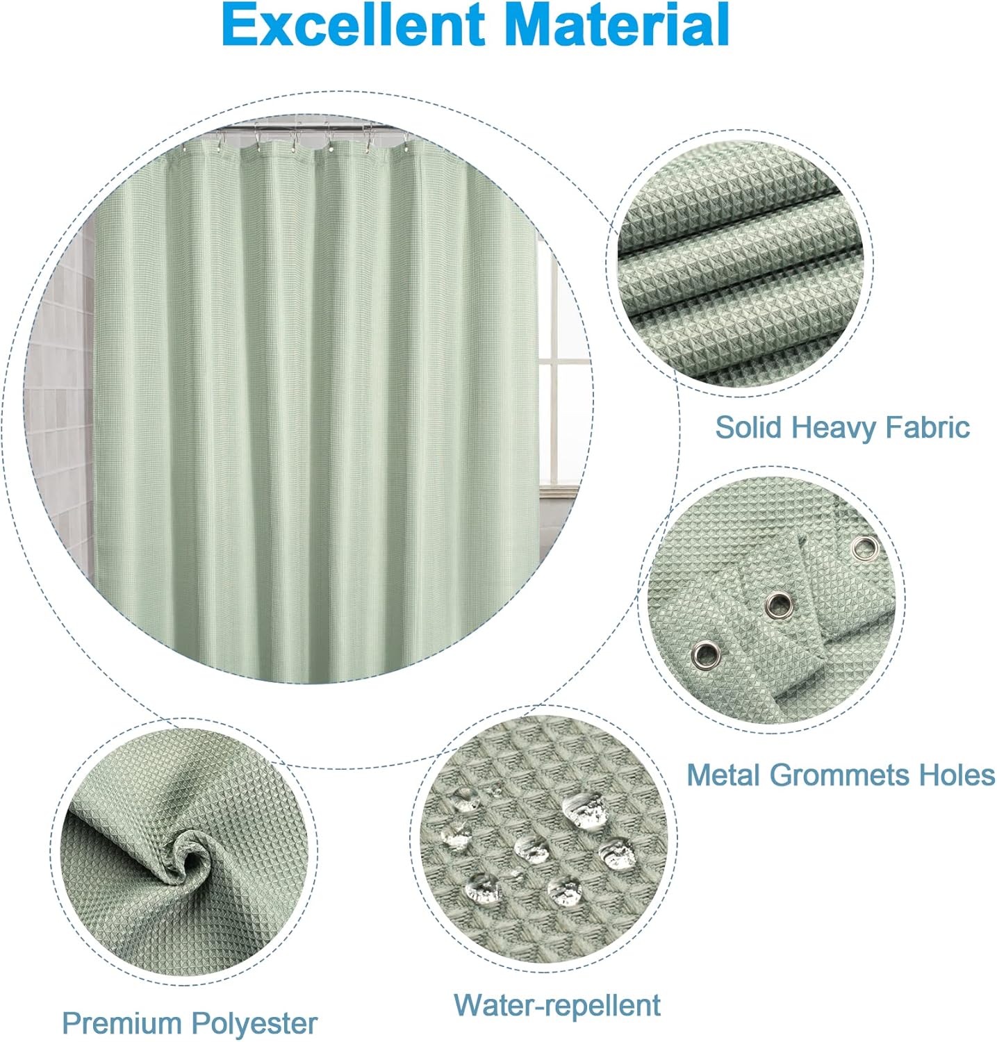 AmazerBath Waffle Shower Curtain, Sage Green Fabric, Long With Waffle Weave Heavy Duty Hotel Quality for Bathroom, 72 x 78 Inches