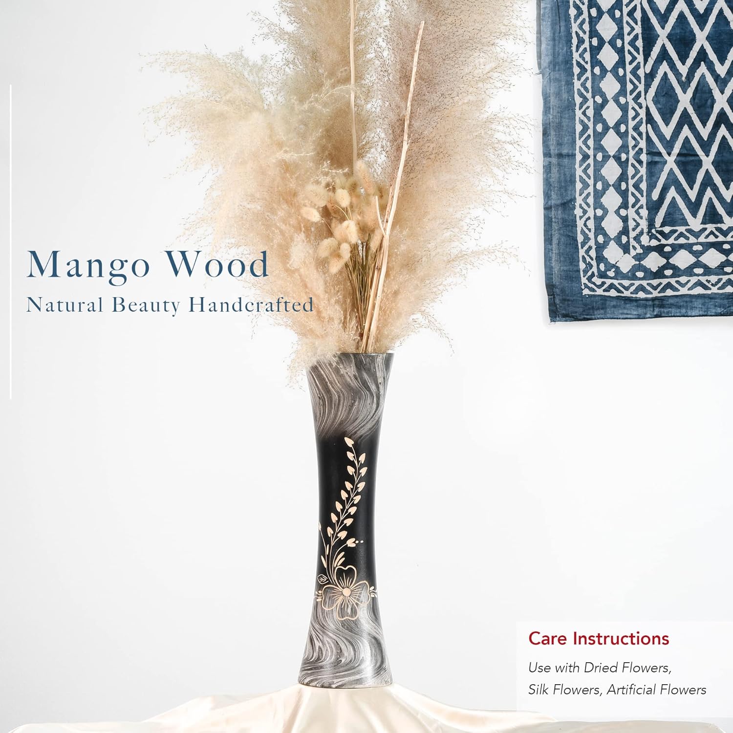 AeraVida Elegant Garden Shadows Handcarved Floral Motif on Concaving Wooden Table Vase with Black & White Stain for Bali Chic Home Décor with Nature Inspired Feels