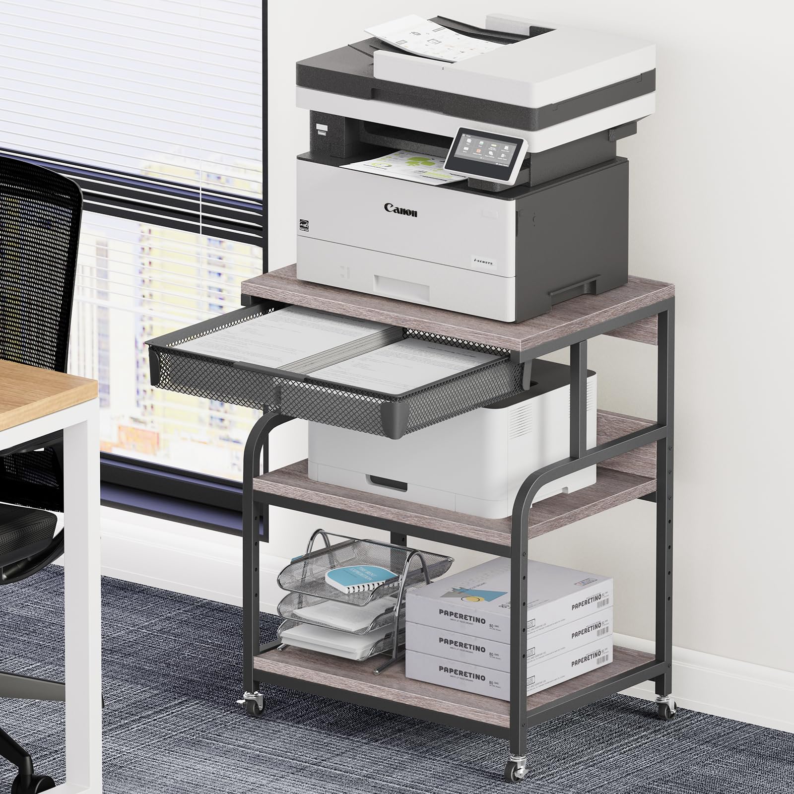 EasyCom 23 6x18 9 Extra Large Printer Stand with Drawer 5-Adjustable Heights 3 Tier Table with Wheels Rolling