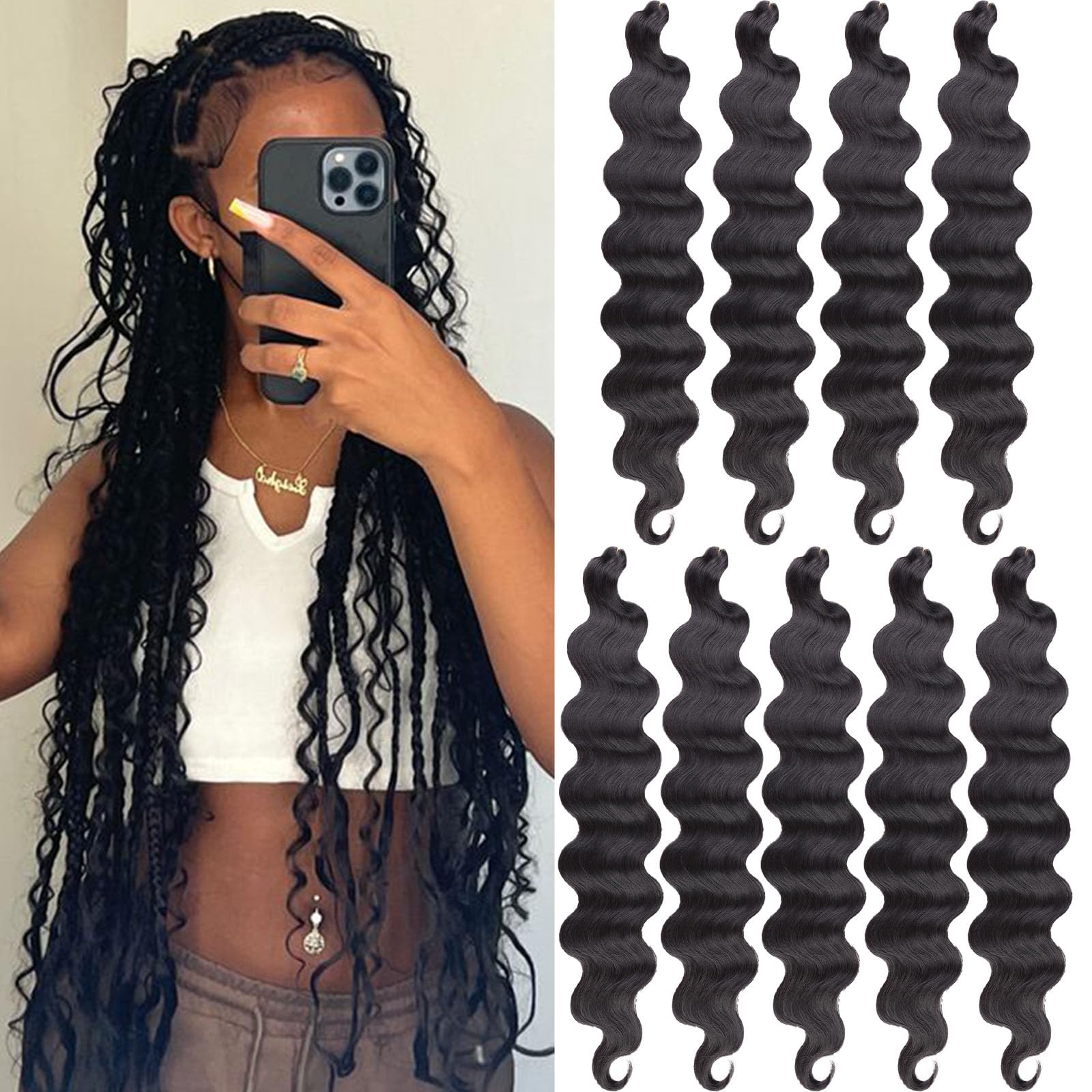 Samtress 24 Inch Natural Black Body Wave Braiding Hair 9 Packs Pre-Feathered Braiding Hair French Curl Crochet Braids for Goddess Box Braids Synthetic Hair Extensions for Women (#1B)