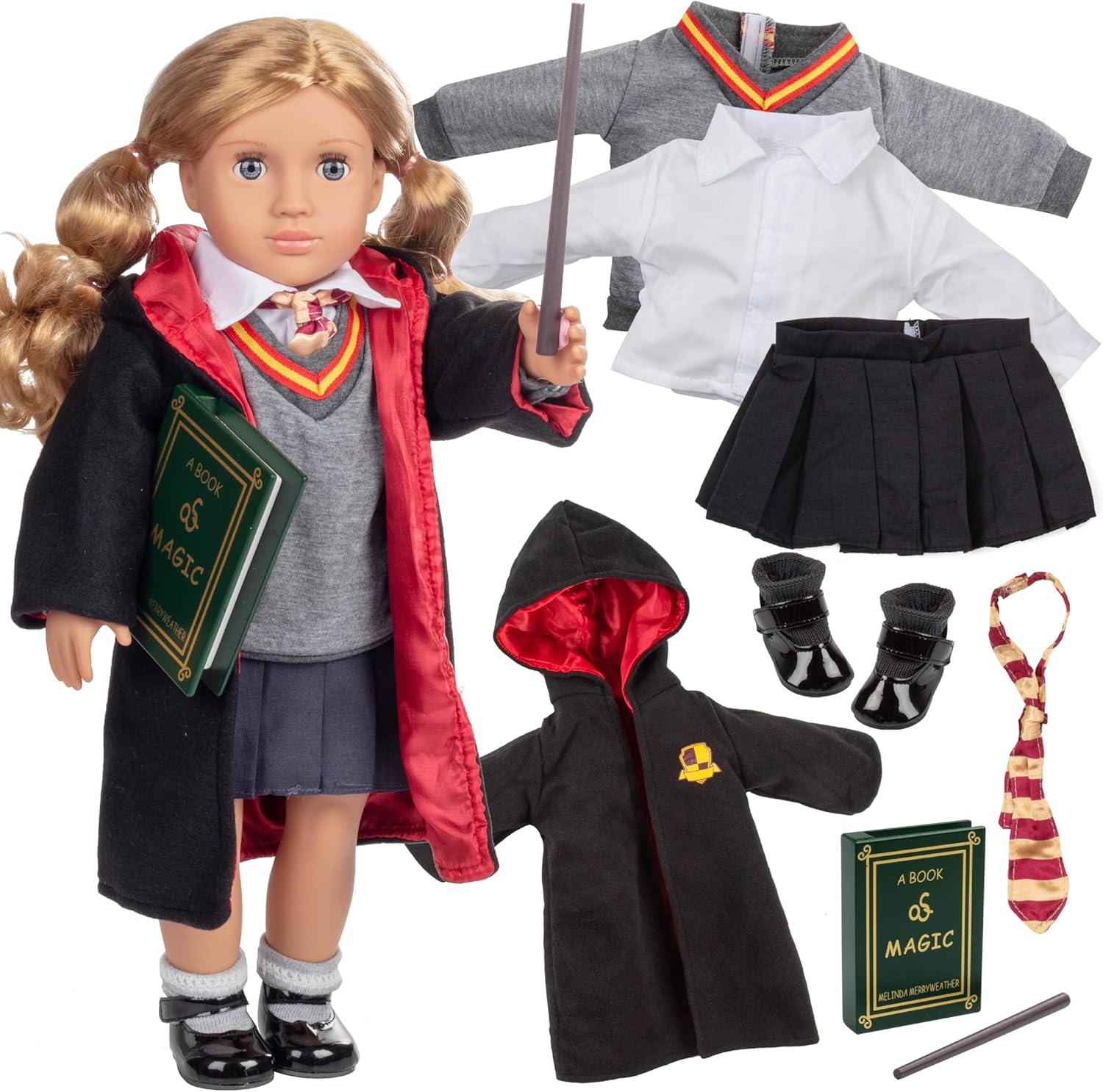 Deluxe 11pc Hermione Granger Inspired 18" Doll Outfit-Compatible with American Girl Outfit & Accessories Set Includes Robe, Wand, Book, Sweater, Shirt, Skirt, Socks, Shoes & Tie