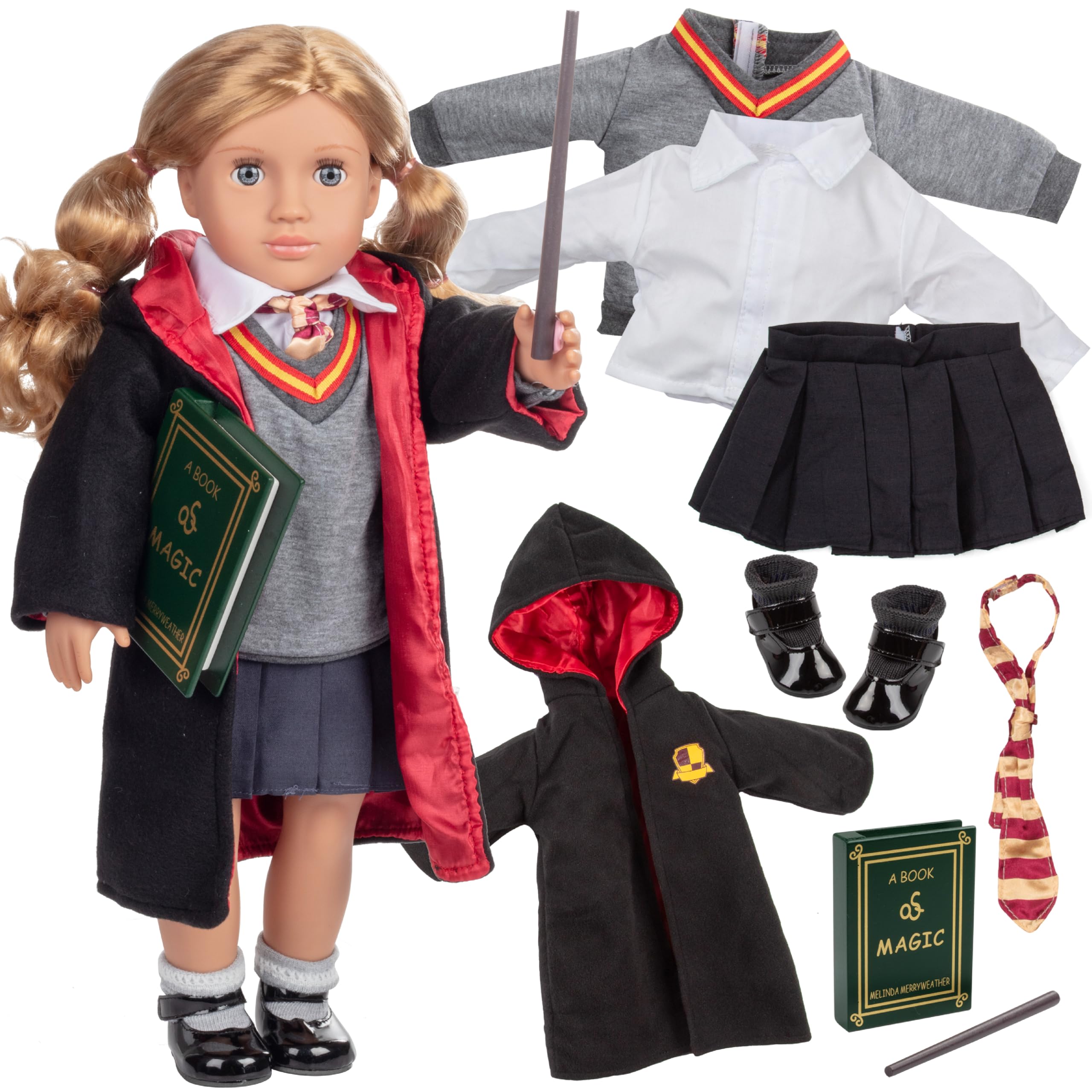 Deluxe 11pc Hermione Granger Inspired 18" Doll Outfit-Compatible with American Girl Outfit & Accessories Set Includes Robe, Wand, Book, Sweater, Shirt, Skirt, Socks, Shoes & Tie- Stocking Stuffer