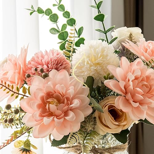 Miniatura 5 de Flores falsas con jarrón, flores sintéticas en jarrón para decoración del hogar, flores artificiales de dalia rosa seda con jarrón para decoración