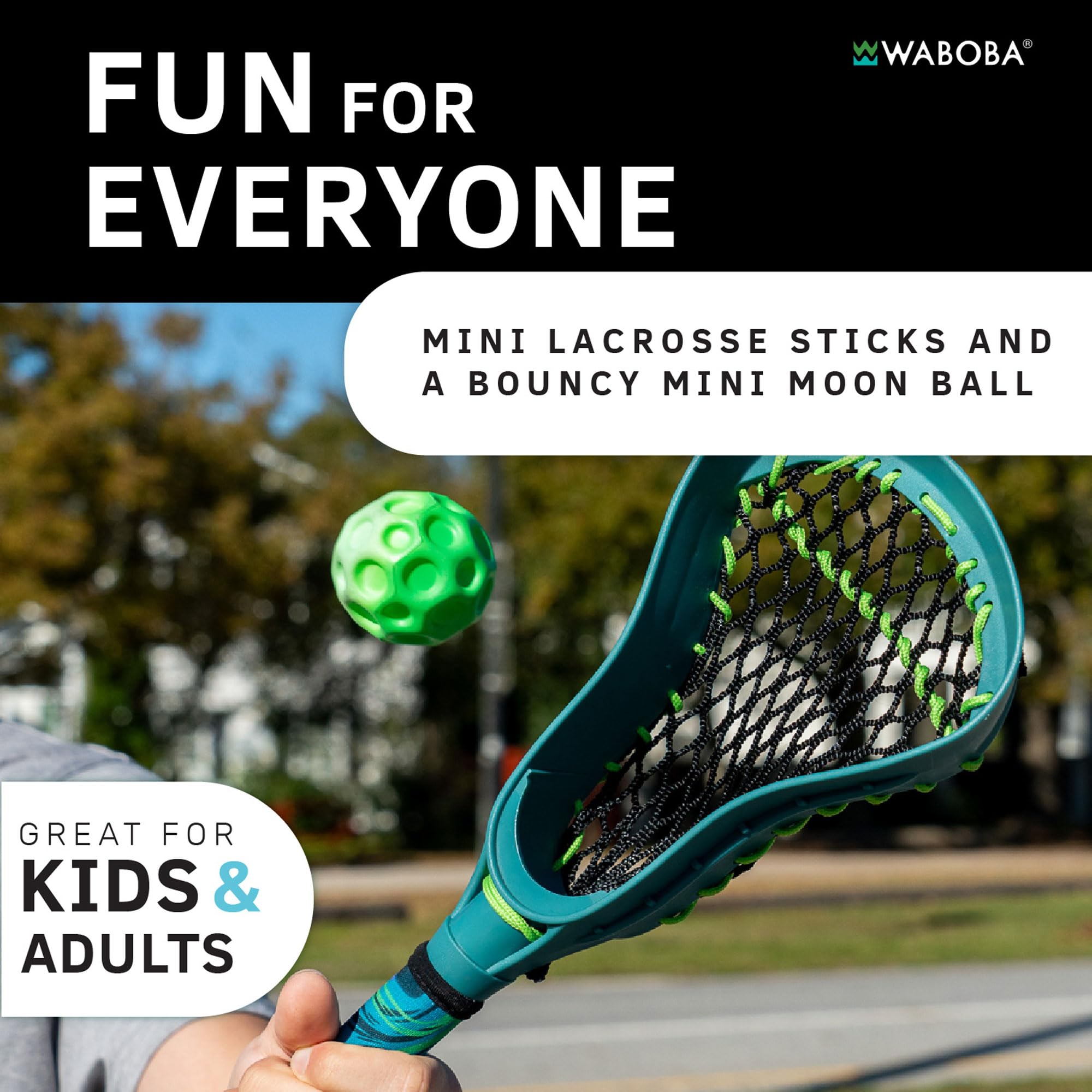Waboba Mini Lacrosse Sticks – 43,2 cm Outdoor-Übungs-Starter-Set für Kinder und Jugendliche – Fangspiel für Garten oder Strand – inklusive 2 Stäbchen und 1 Mondball
