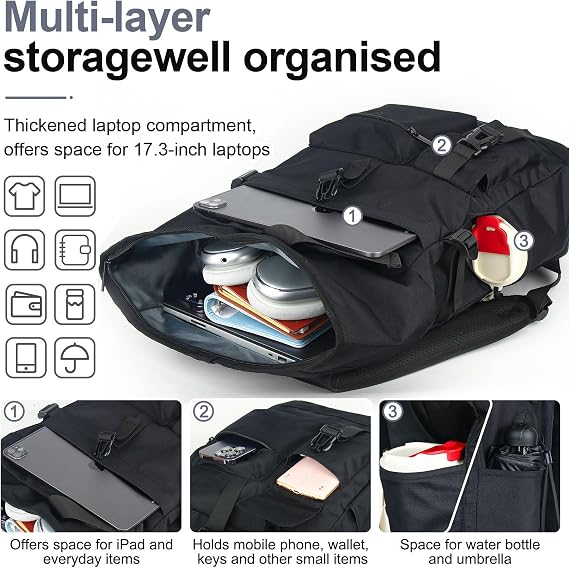 Roll Top Backpack Womens, 27 L Large Waterproof Backpack Mens, Black School Bag with Laptop Compartment 17.3 inch, Travelling Rucksack for Business University Sports Hiking