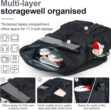 Roll Top Backpack Womens, 27 L Large Waterproof Backpack Mens, Black School Bag with Laptop Compartment 17.3 inch, Travelling Rucksack for Business University Sports Hiking