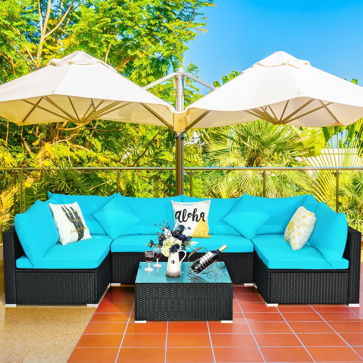 DEVOKO 5 Pieces Outdoor Patio Furniture Wicker Sectional Sofa All-Weather HDPE Rattan Conversation Sets for Garden, Poolside, Porch (Turquoise Blue & Black)-image-47