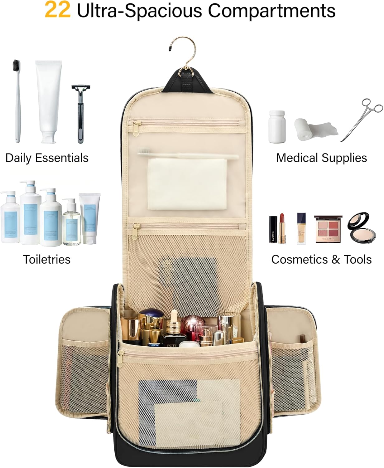Hanke Hanging Travel Toiletry Bag for Men and Women, Water-Resistant Toiletries Bag Makeup Organizer with Hook, Cosmetic Bag for Bathroom & Travel Essentials Accessories, Black