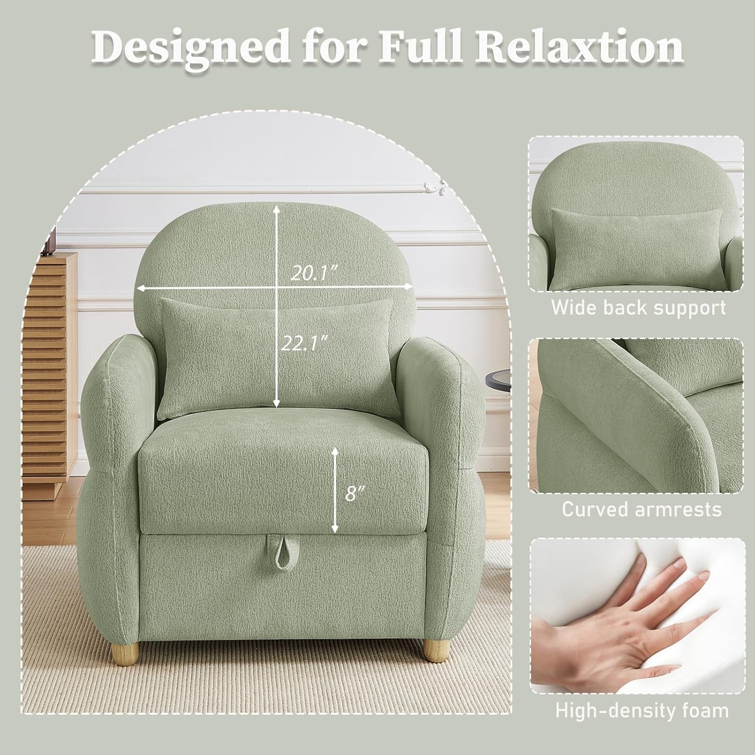 Modern Accent Chair for Living Room, 33.5" W Comfy Chenille Armchairs with Storage, Single Reading Chairs for Bedroom, Study Room, Apartment, Tool Free Assembly, Sage Green