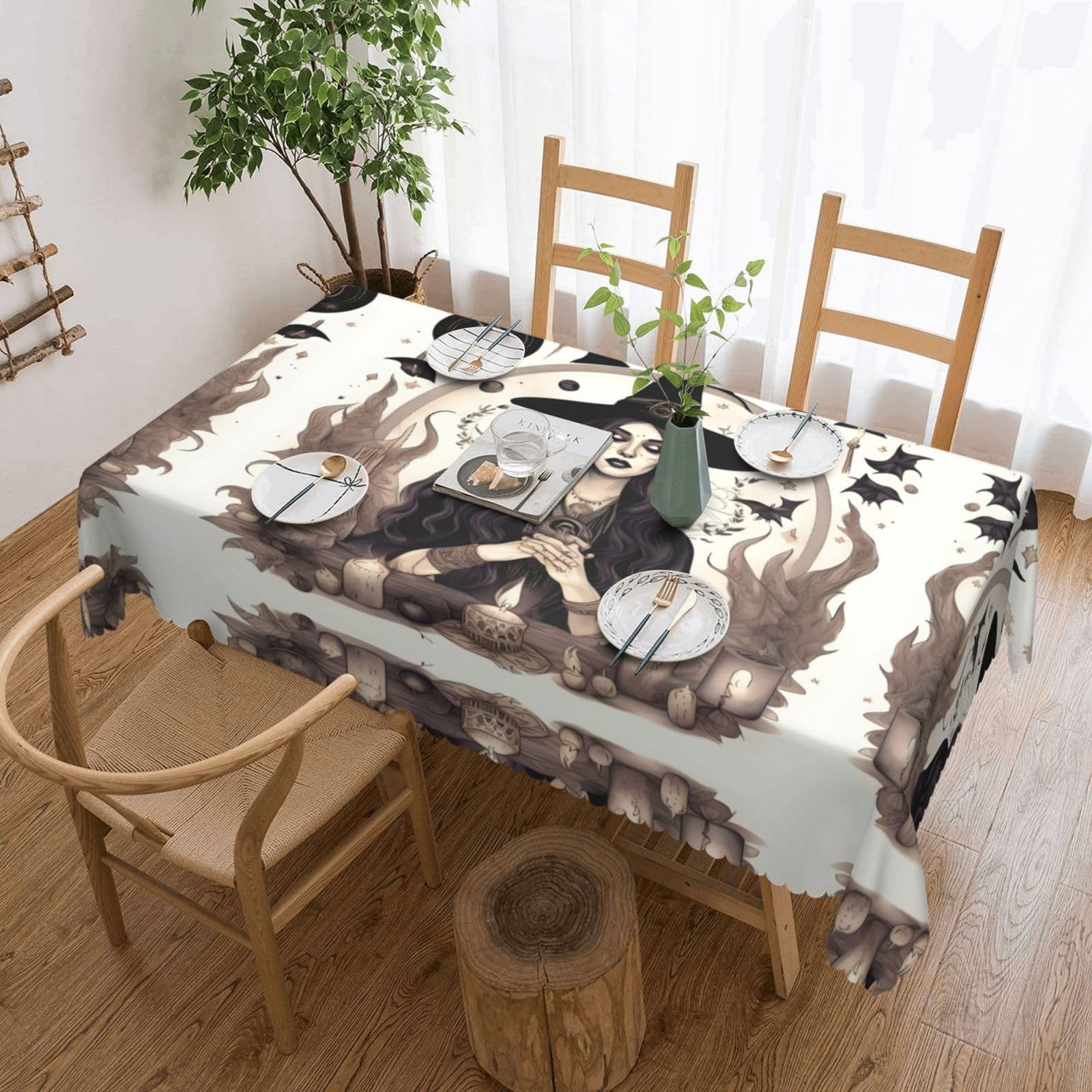 HLBSDM Magic Witch Witchcraft Bohemian Drawing Print Rectangle Washable Tablecloth Decorative Table Cover for Dining Table Buffet Parties, Black