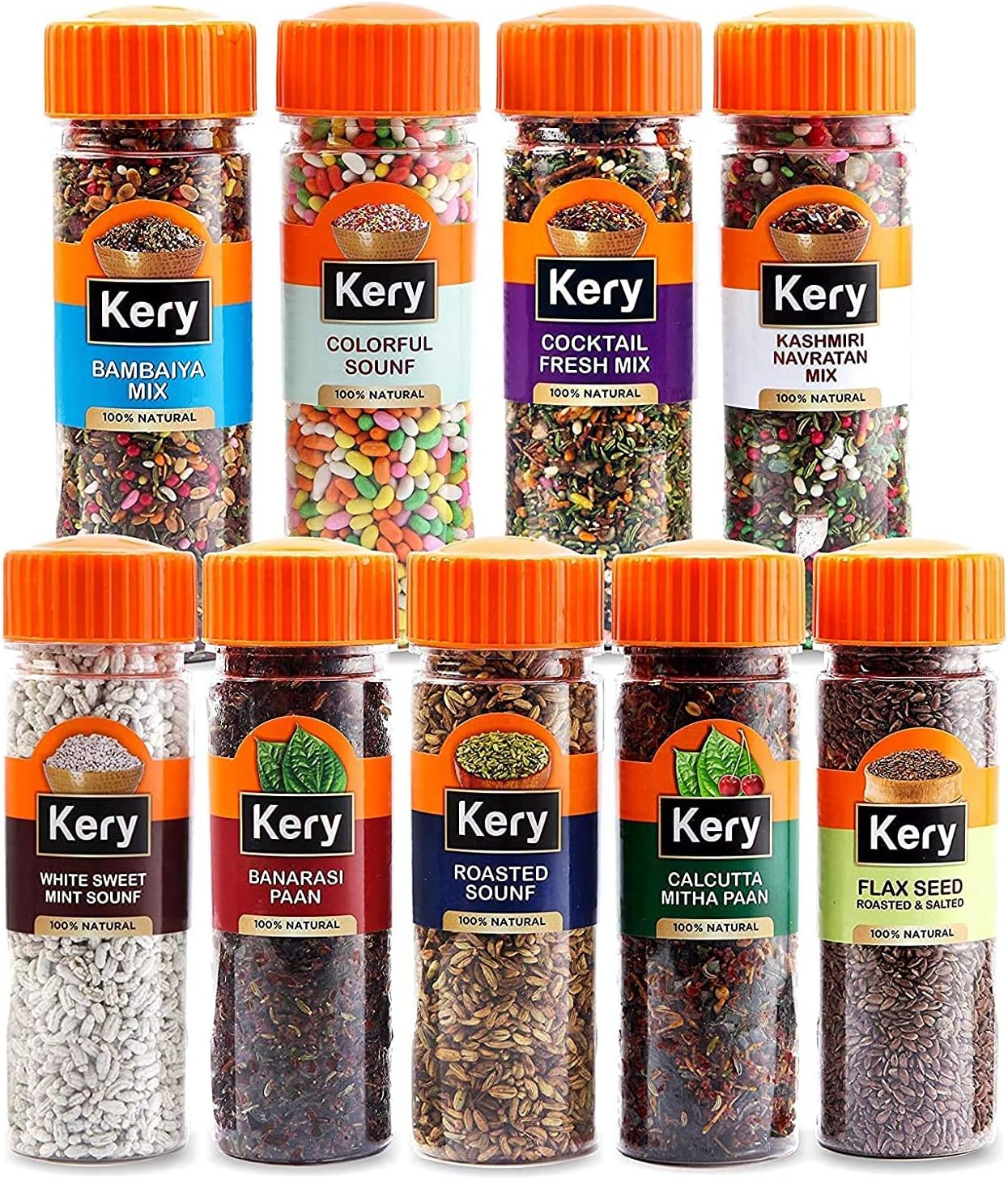 Kery s Mukhwas Combo (Paan, Saunf, Kashmiri Navratan Mix ,Bambaiya, Colourful Mint Saunf) 100% Natural & Digestive, 9 Bottles, 1.06 kg_Packing May Vary